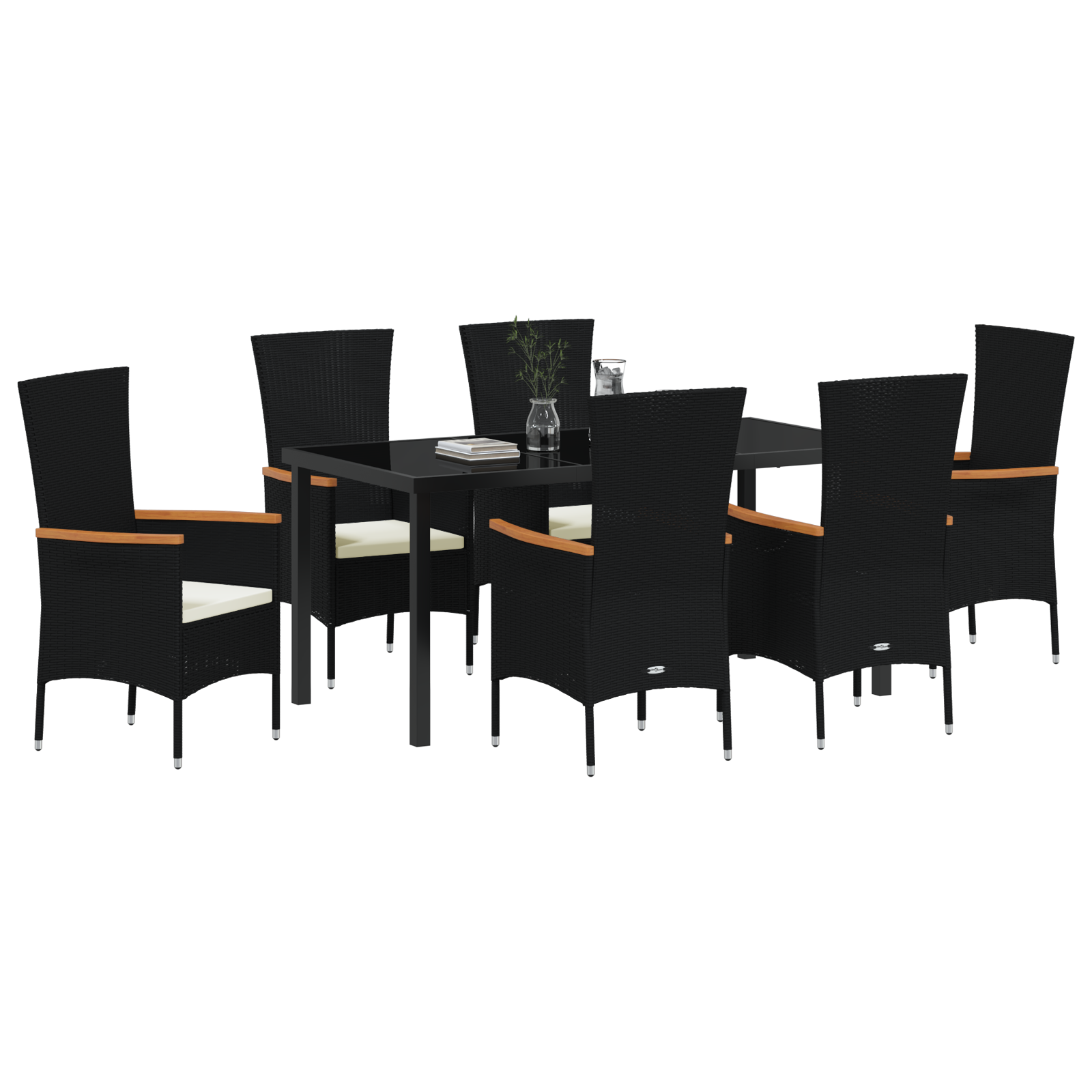 vidaXL 7-delige tuin eetset met kussens zwart poly rattan