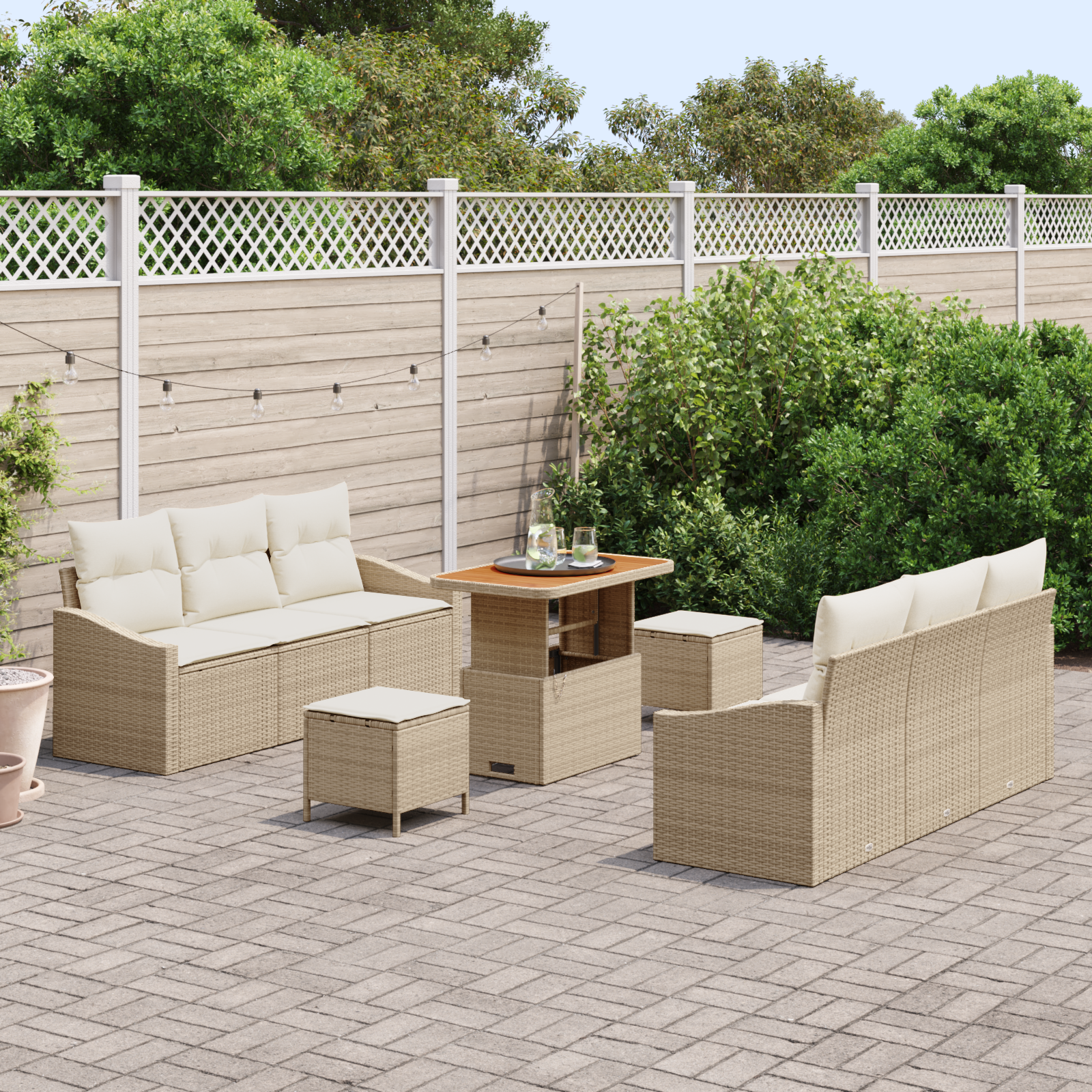 vidaXL 9-delige tuinset met kussens in beige poly rattan en acacia