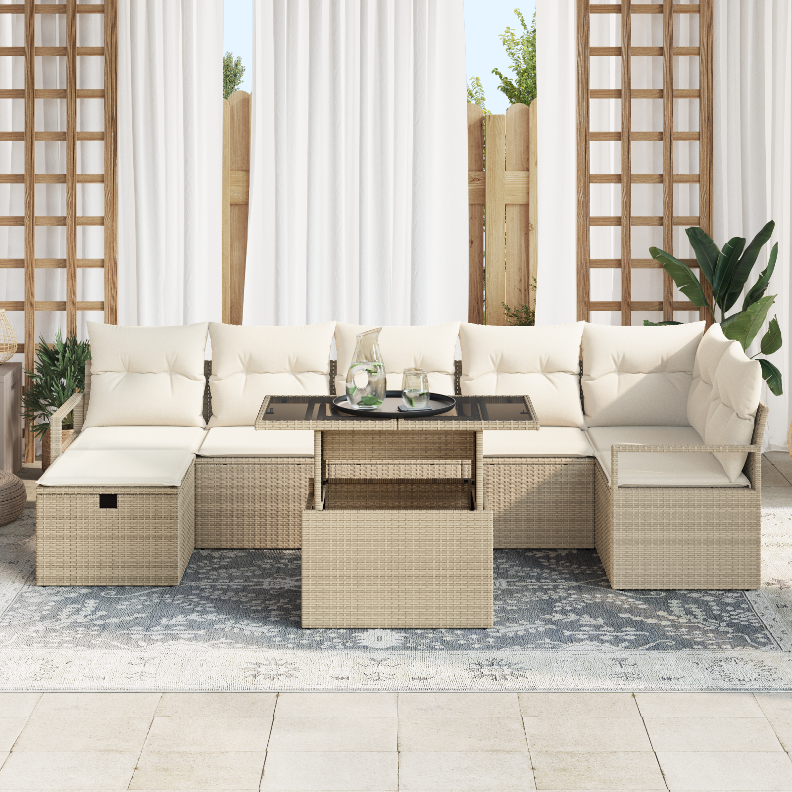 vidaXL 8-delige Tuinbankenset met kussens poly rattan beige