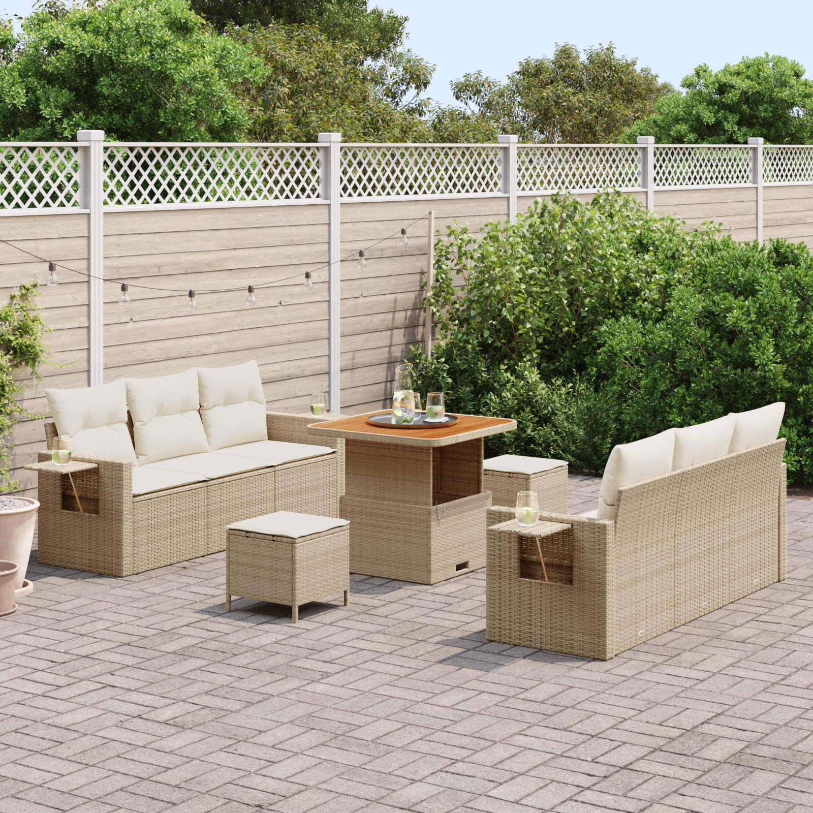 vidaXL 9-delige Tuinbankenset met kussens poly rattan acacia beige