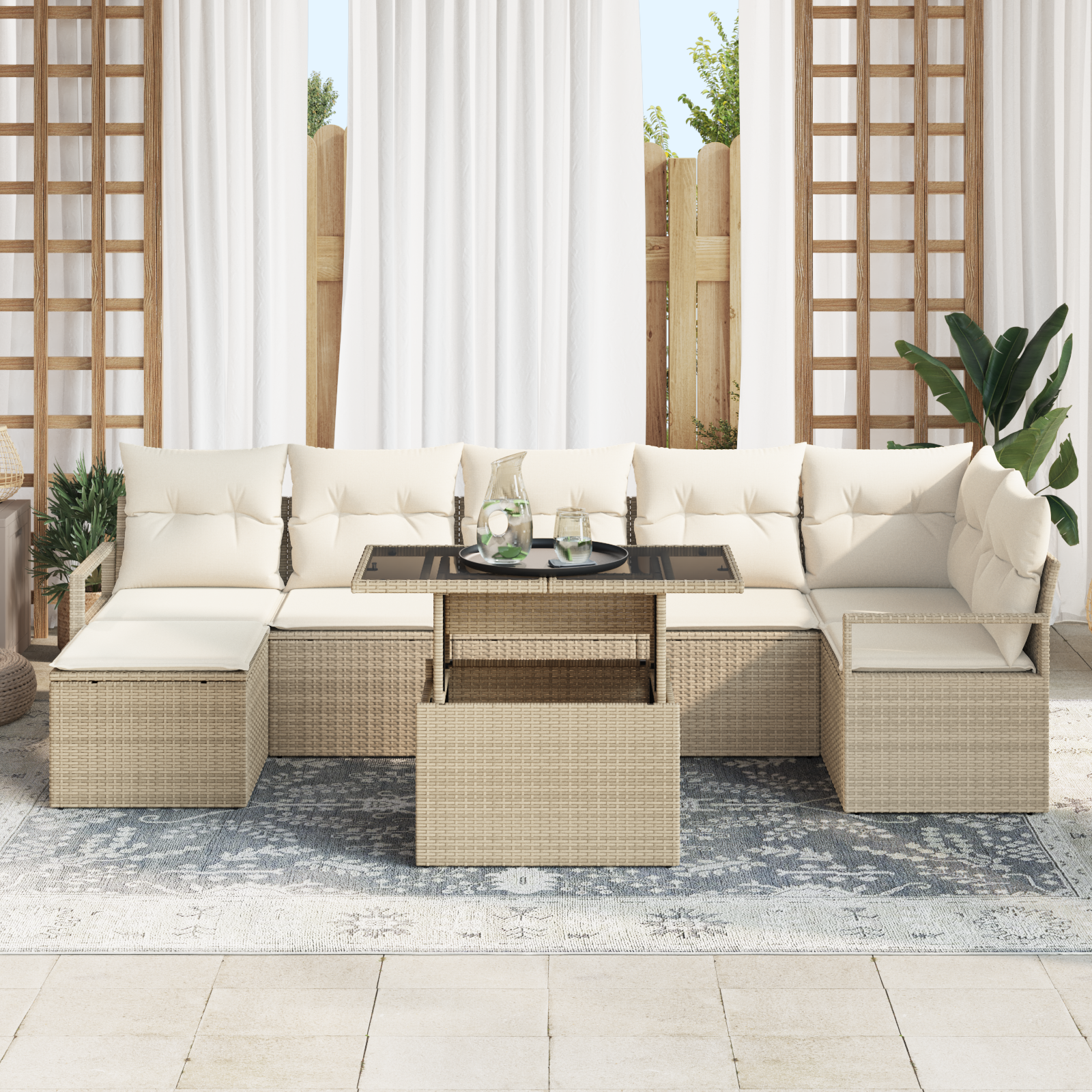 vidaXL 8-delige Tuinbankenset met kussens poly rattan beige