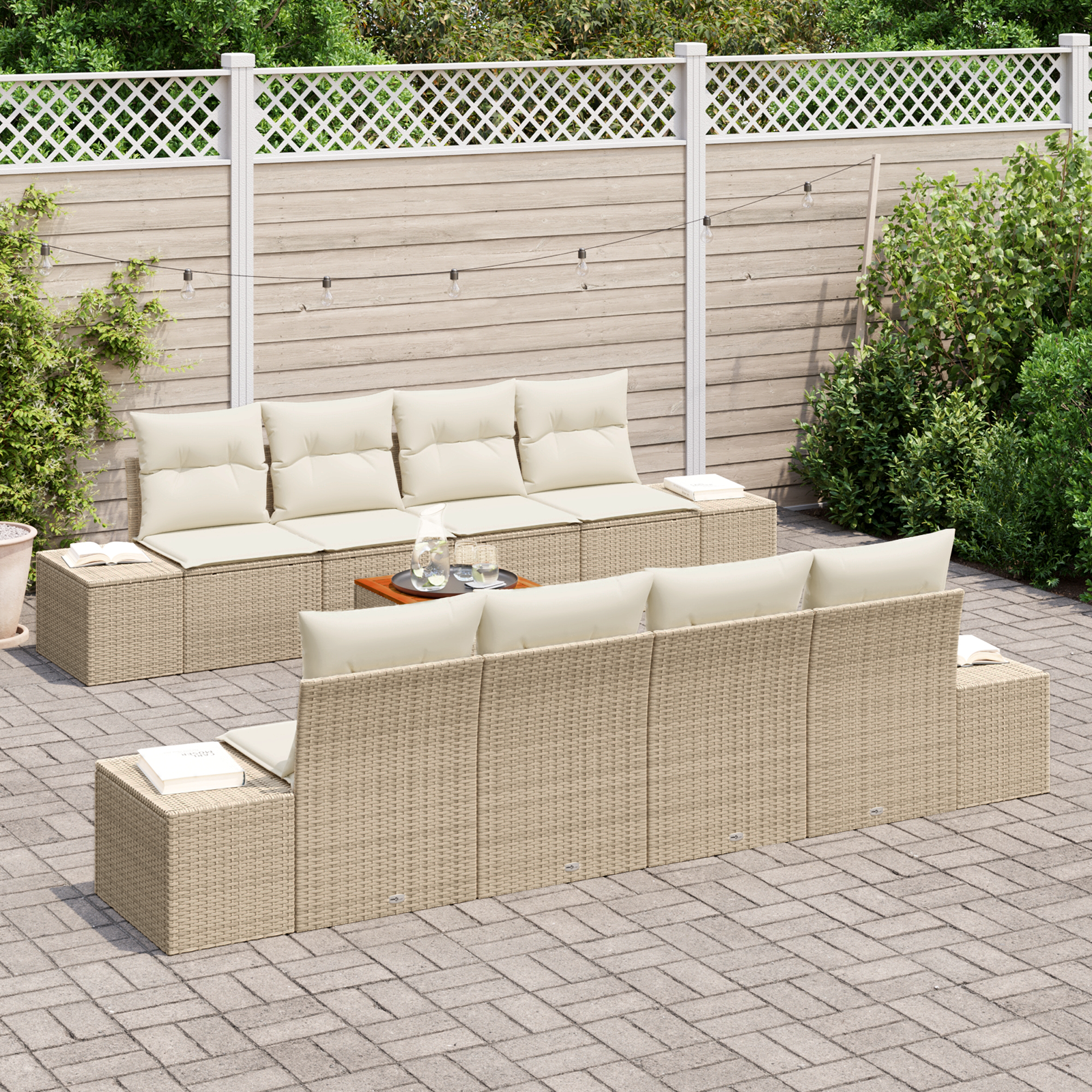 vidaXL 9-delige Tuinbankenset met kussens poly rattan acaciahout beige