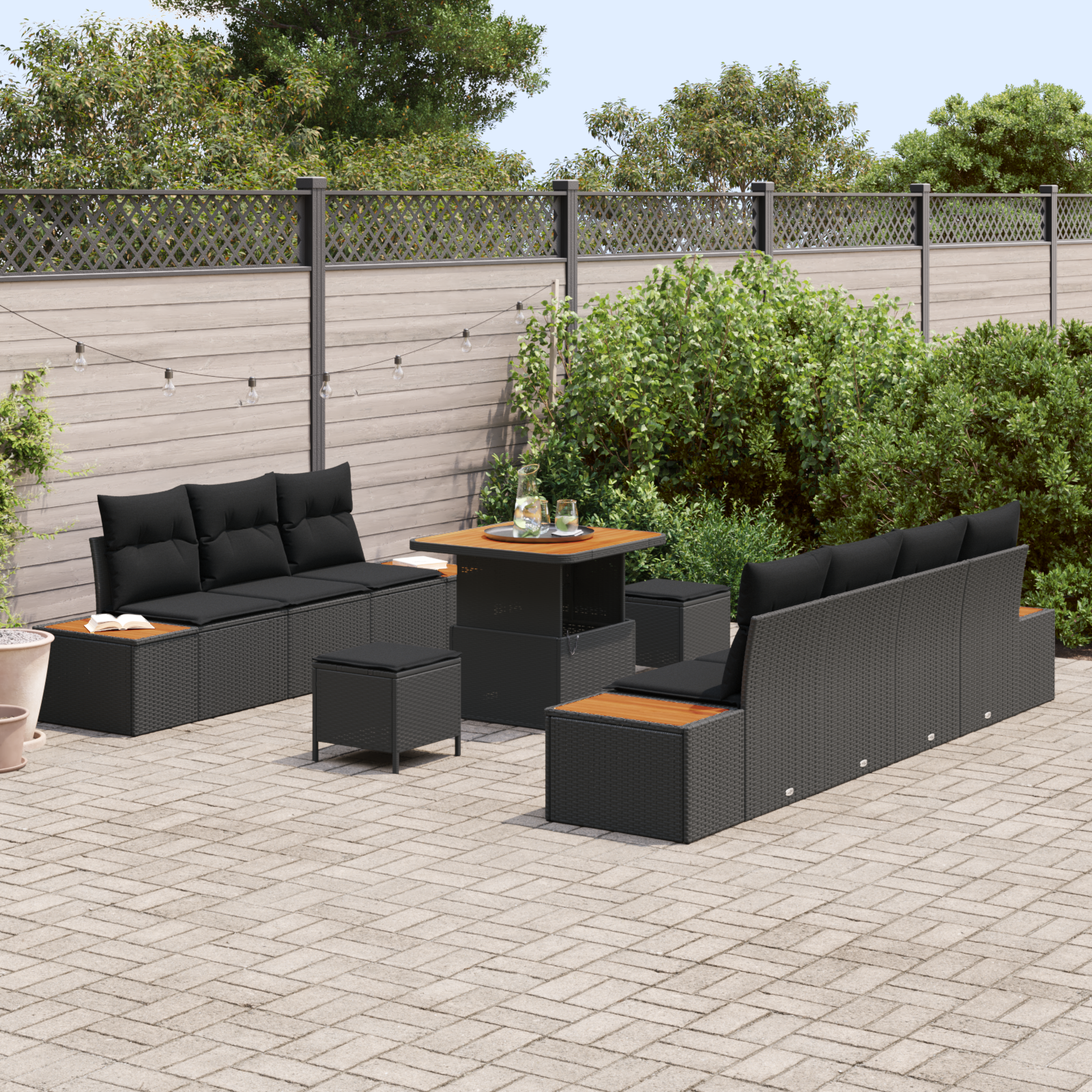 vidaXL 10-delige tuinset met kussens zwart poly rattan acacia