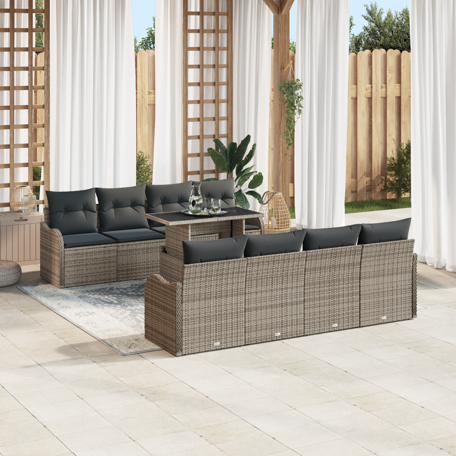 vidaXL 9-delige tuinbankset met kussens in grijs poly rattan