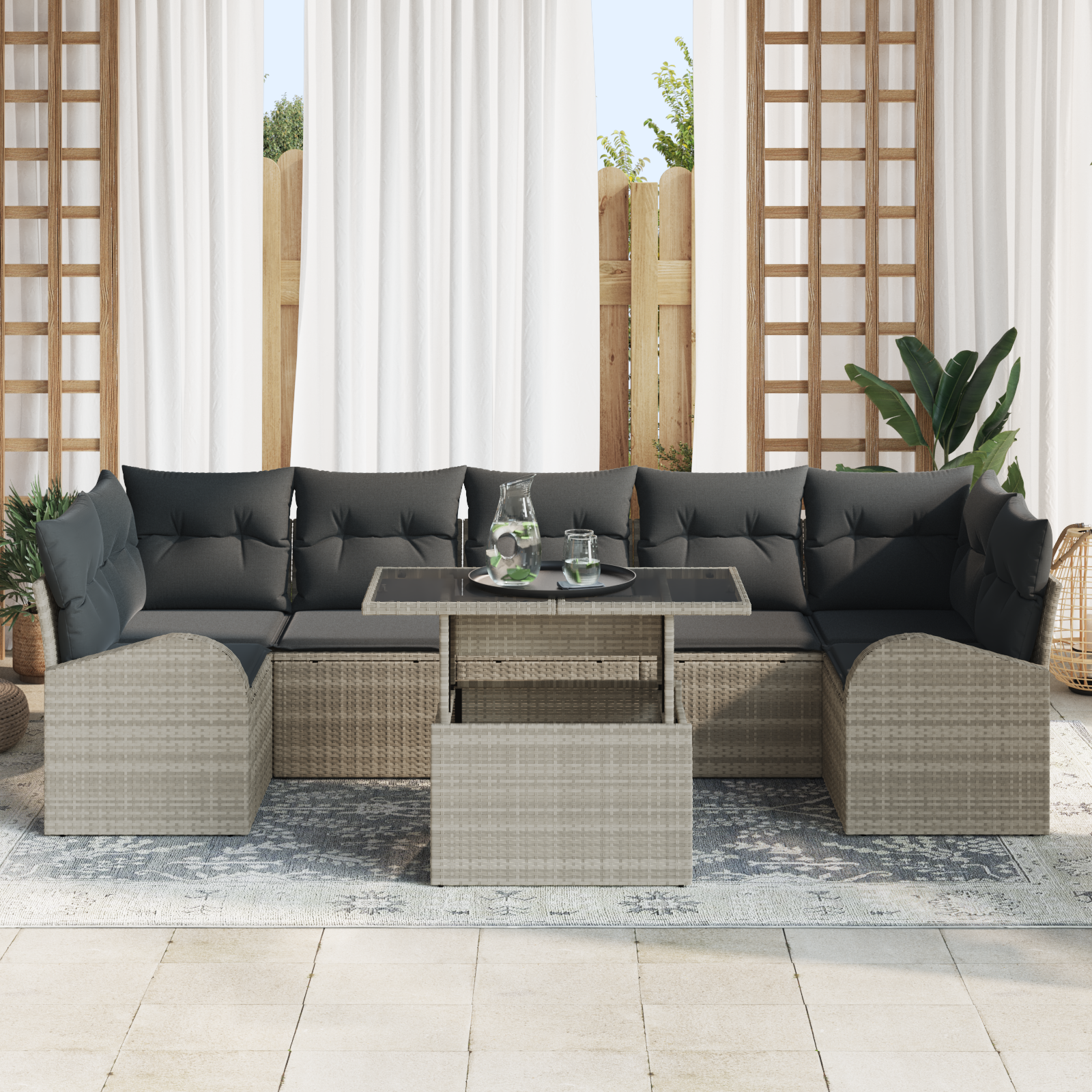 vidaXL 8-delige tuinset met kussens in lichtgrijs poly rattan