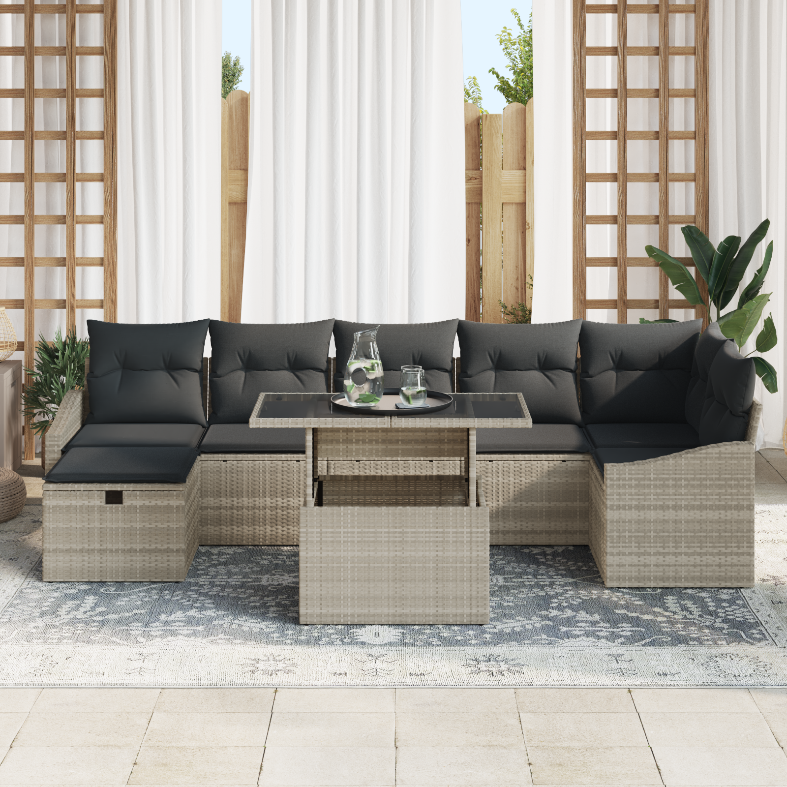 vidaXL 8-delige Tuinbankenset met kussens poly rattan lichtgrijs