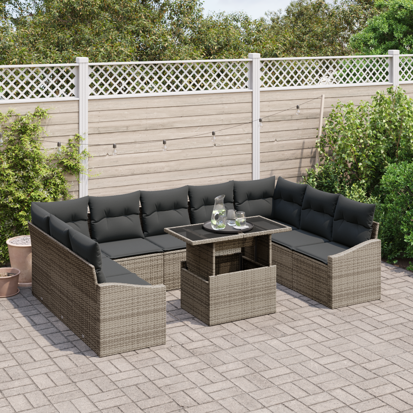 vidaXL 10-delige Tuinbankenset met kussens poly rattan grijs