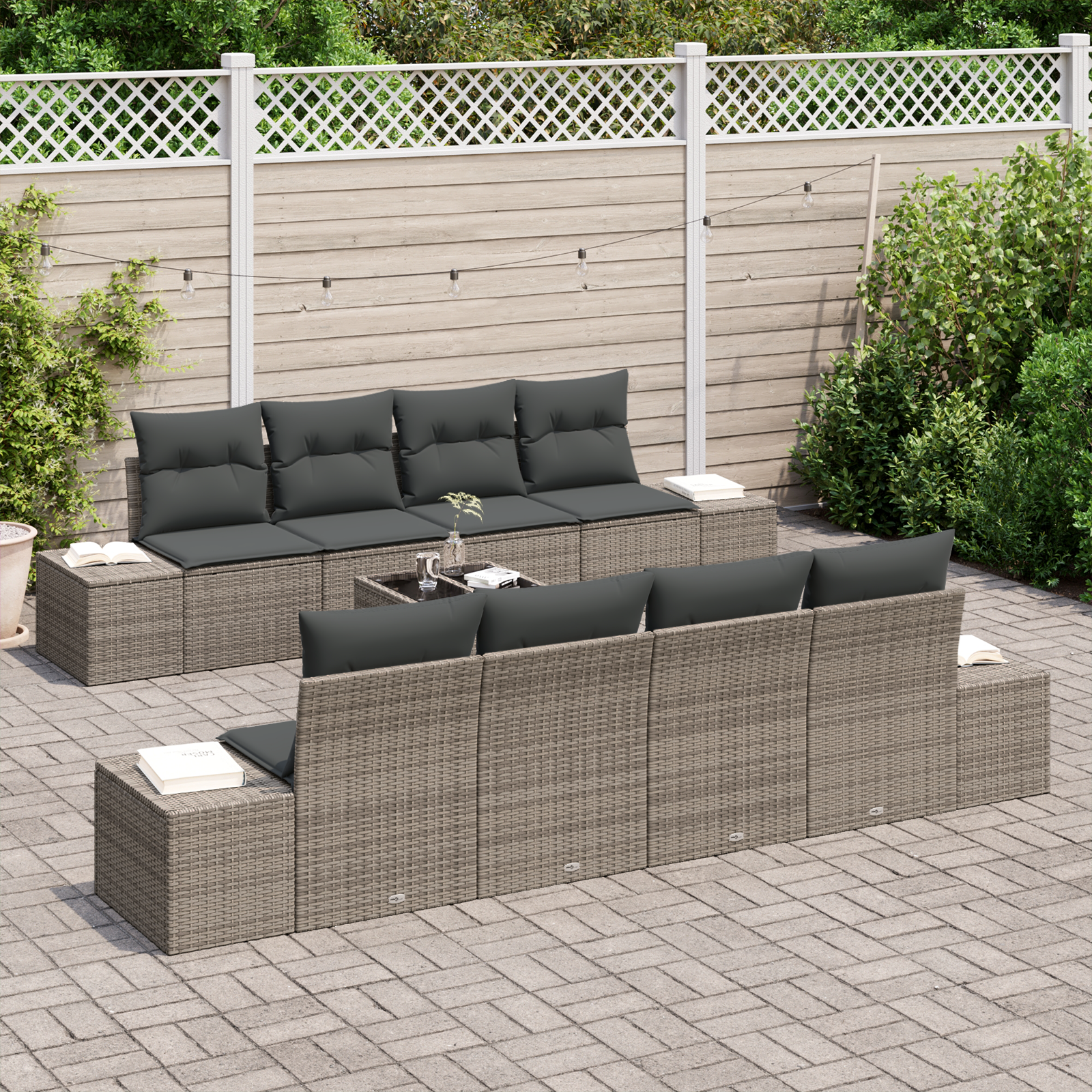 vidaXL 9-delige Tuinbankenset met kussens poly rattan grijs