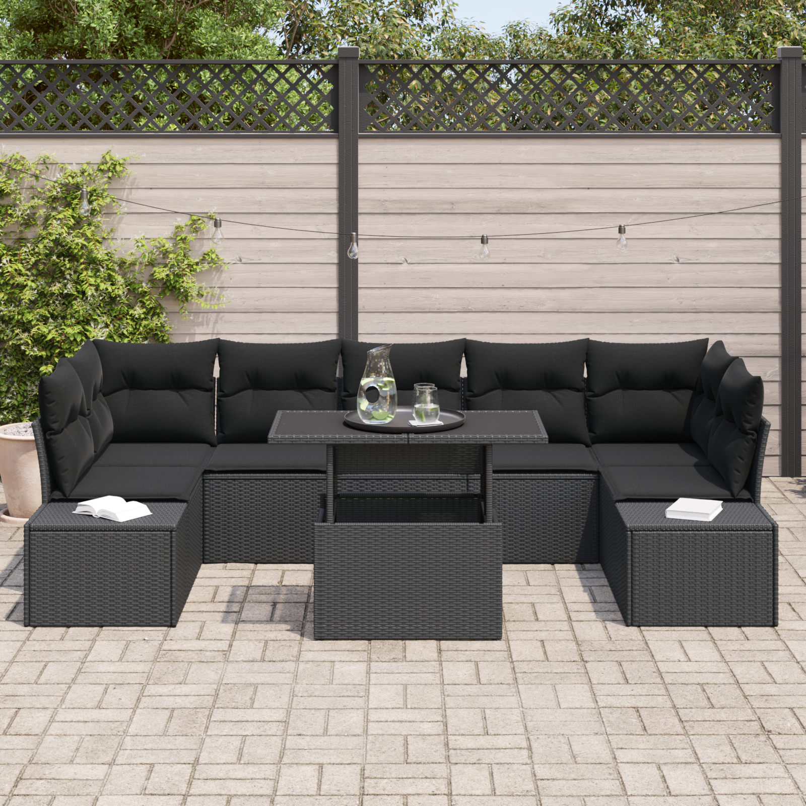 vidaXL 8-delige Tuinbankenset met kussens poly rattan zwart