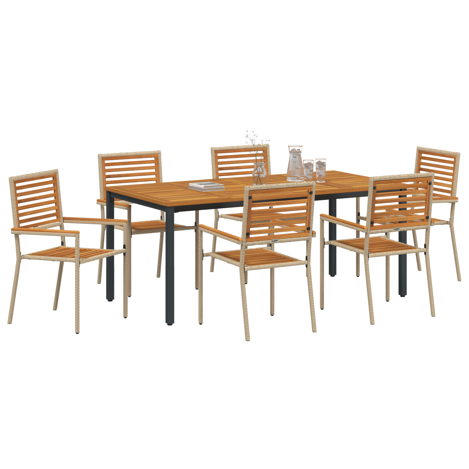 vidaXL 7-delige tuinset in beige poly rattan met acacia hout