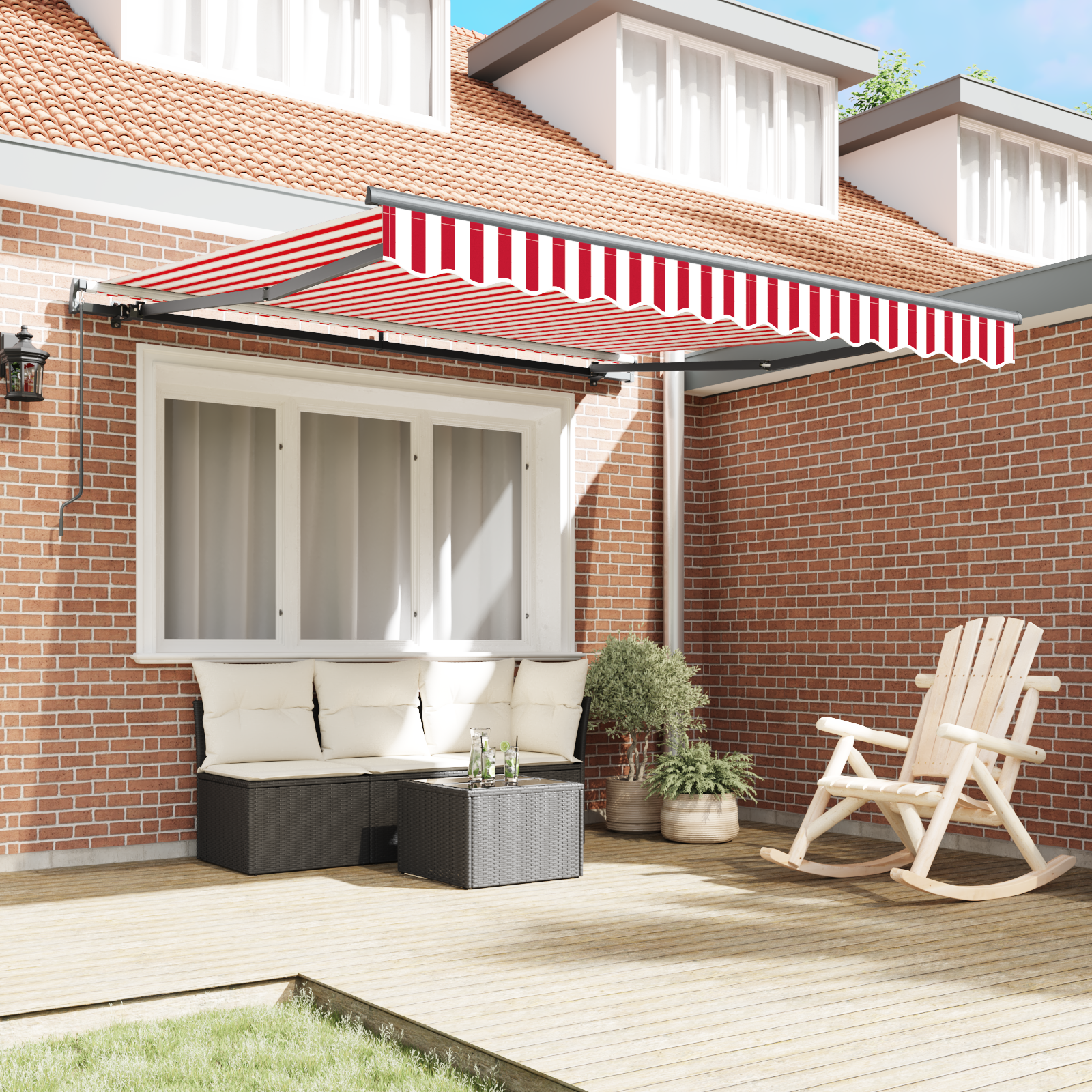 vidaXL Handmatig Uittrekbaar Zonnescherm Rood en Wit Gestreept 350 x 250 cm
