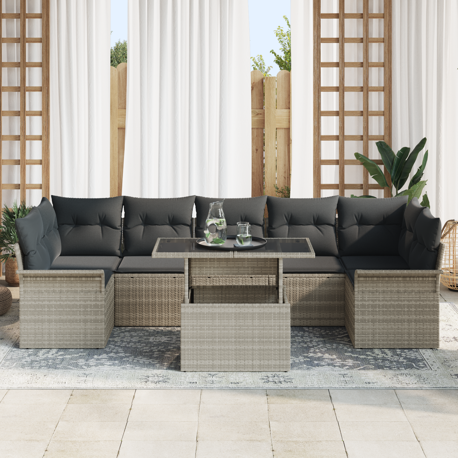 vidaXL 8-delige Tuinbankenset met kussens poly rattan lichtgrijs