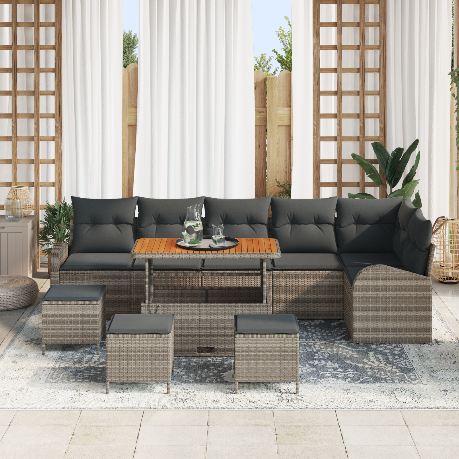 vidaXL 10-delige Tuinbankenset met kussens poly rattan acacia grijs