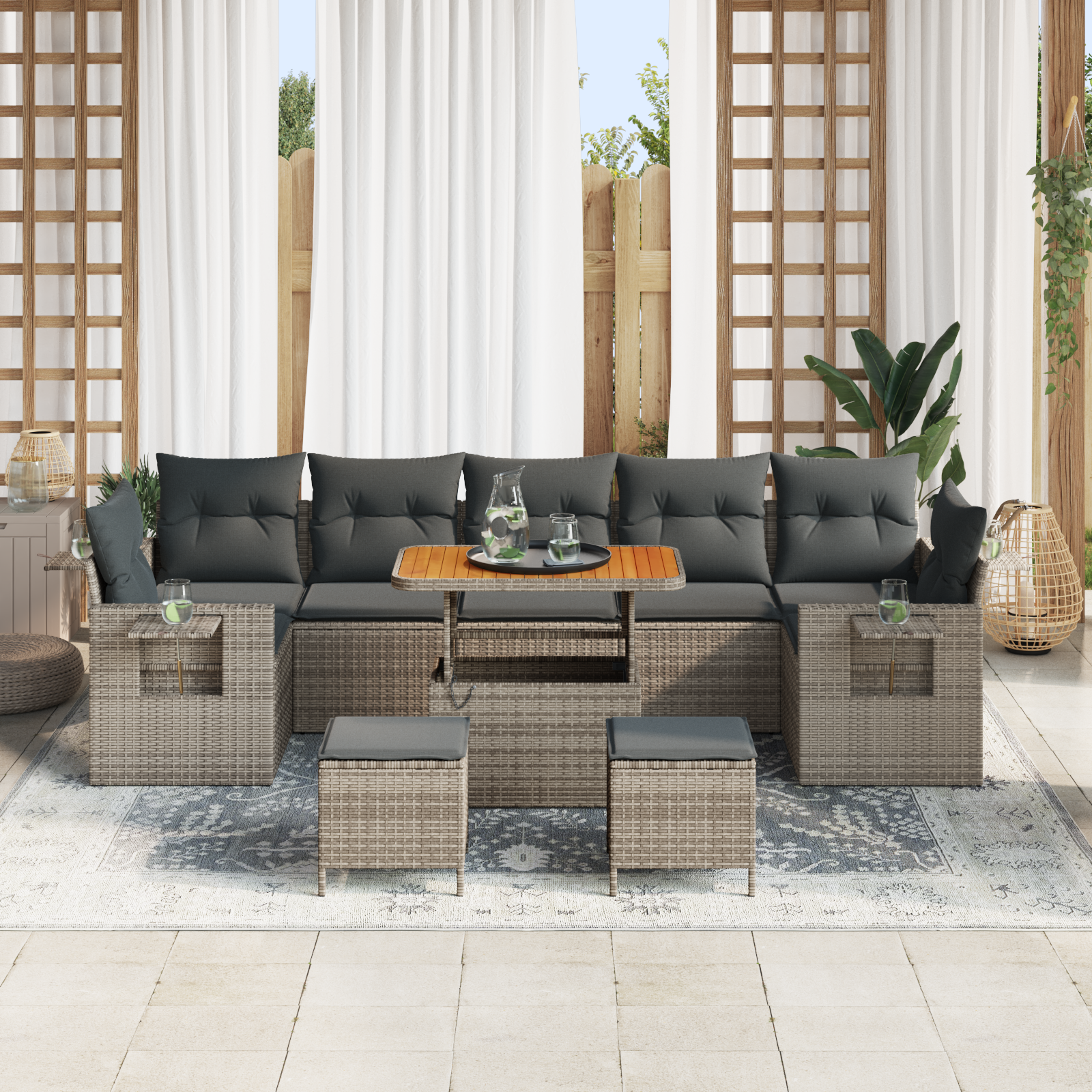 vidaXL 10-delige Tuinbankenset met kussens poly rattan acacia grijs