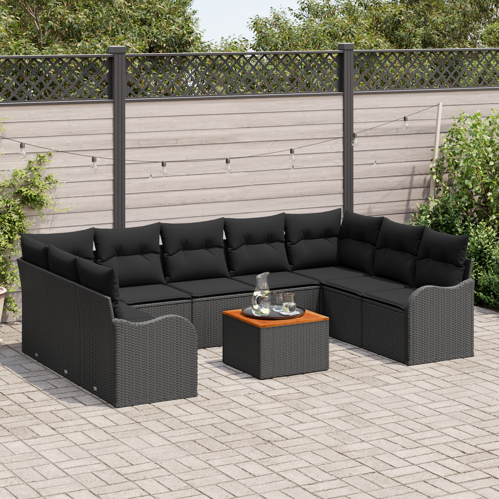 vidaXL 10-delige tuinset met kussens in zwart poly rattan en acacia
