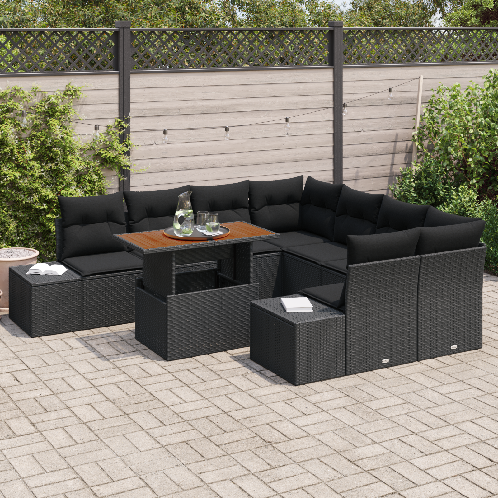 vidaXL 9-delige Tuinset met kussens poly rattan acaciahout zwart