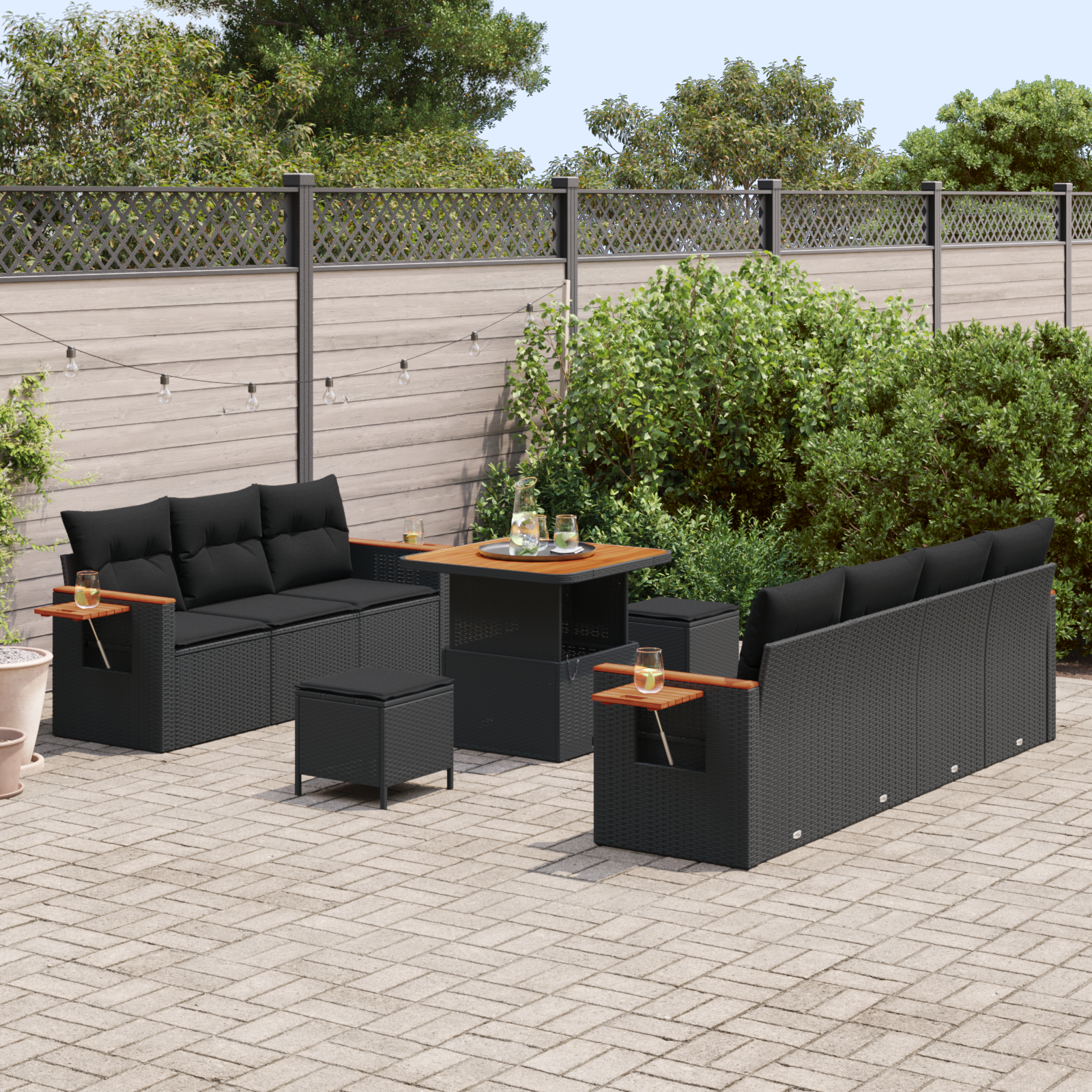 vidaXL 10-delige Tuinbankenset met kussens poly rattan acacia zwart