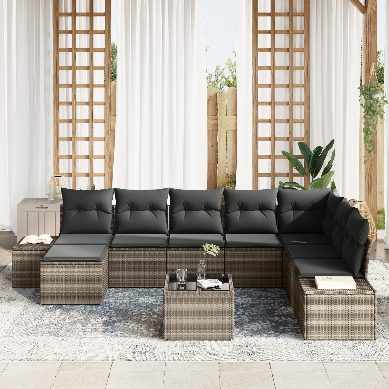 vidaXL 8-delige tuinset met kussens zwart poly rattan