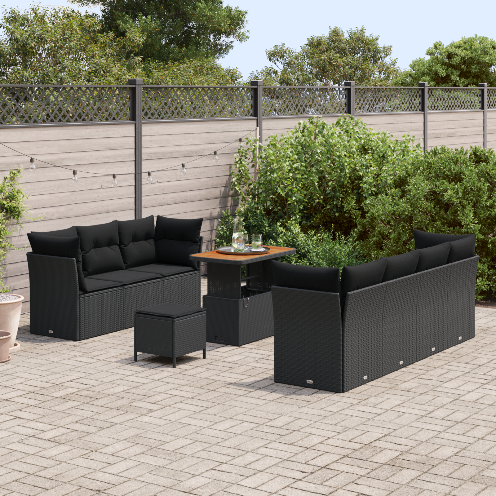 vidaXL 10-delige tuinbankset met kussens zwart poly rattan acacia