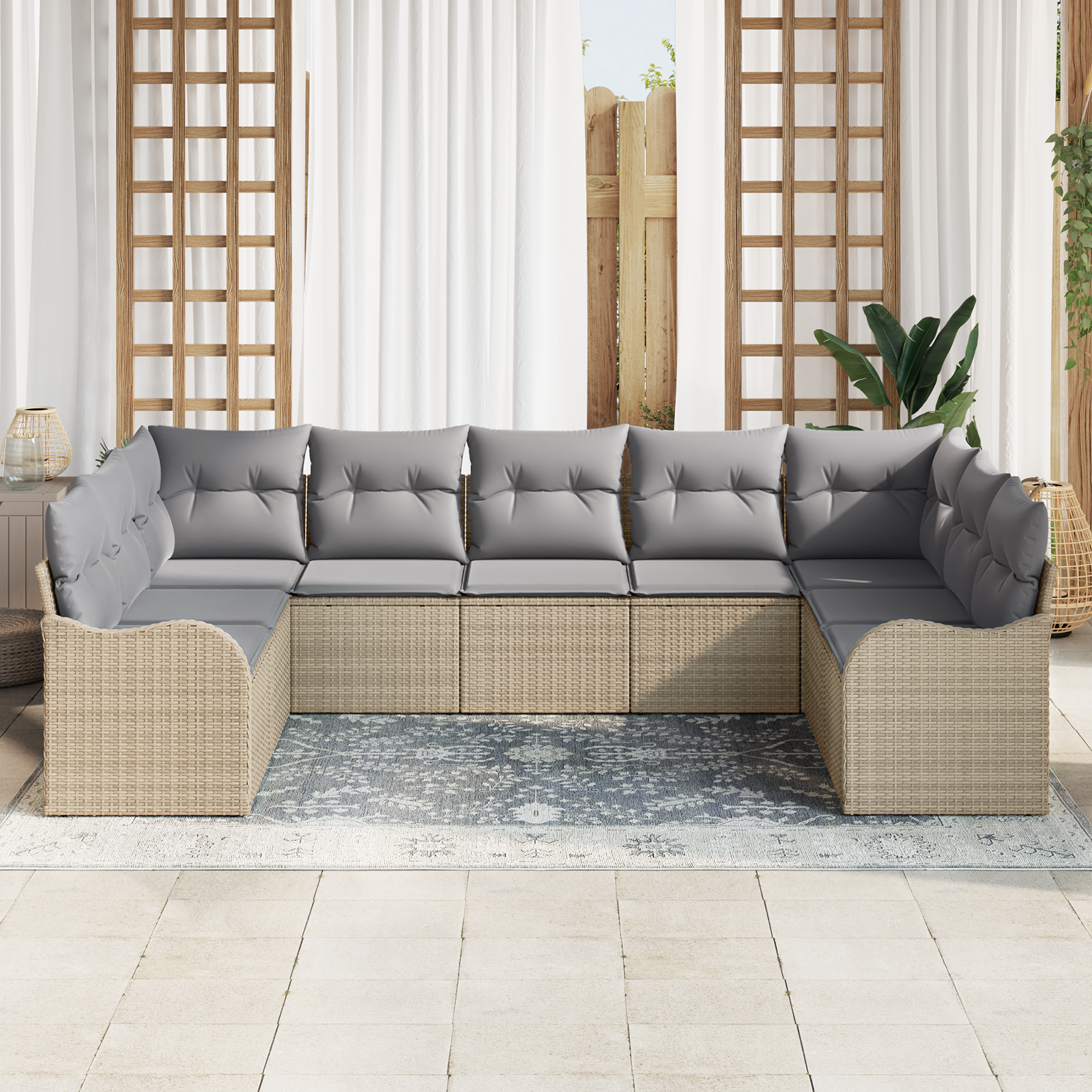 vidaXL 9-delige tuinbankset met kussens in beige poly rattan