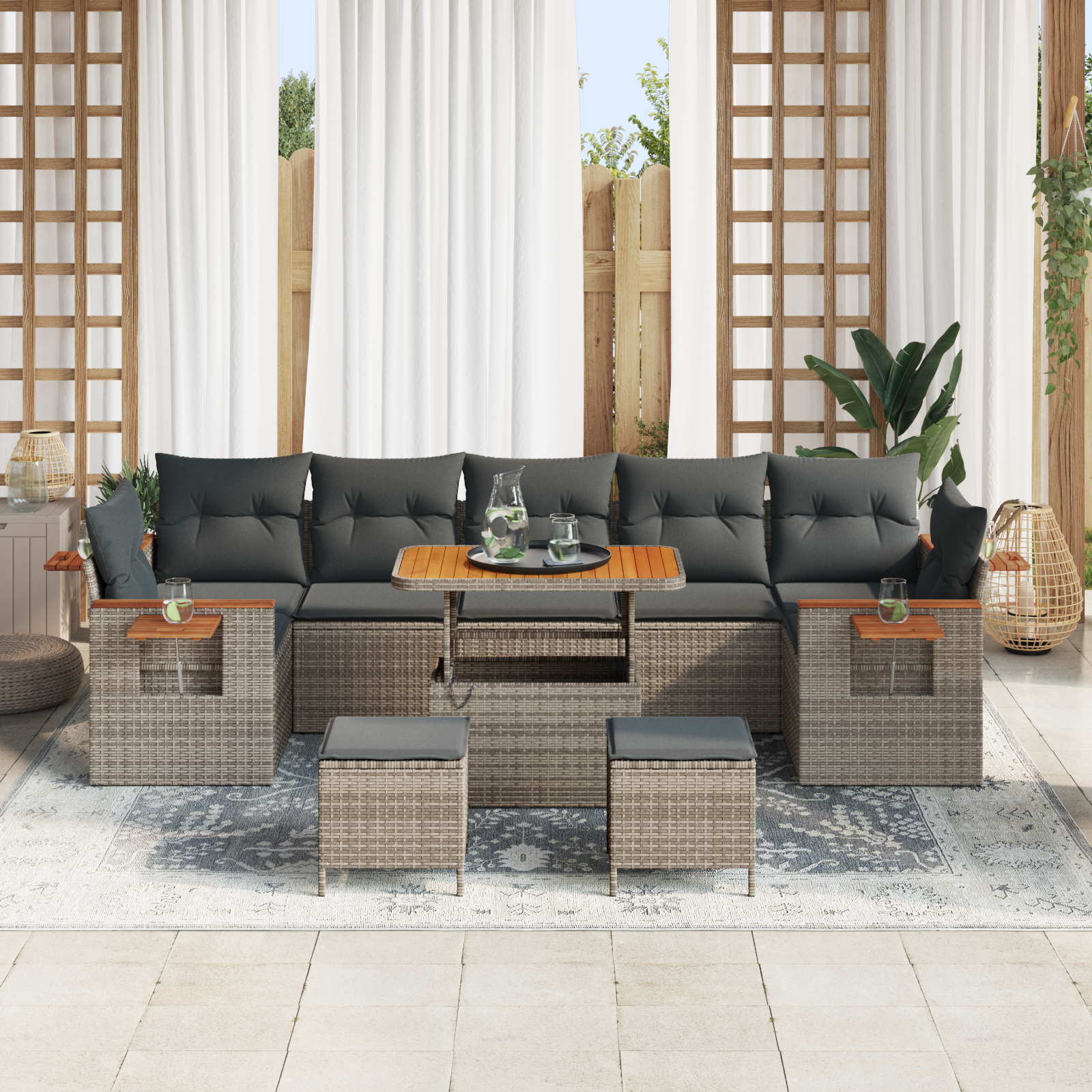 vidaXL 10-delige tuinsofa set met kussens grijs poly rattan acaciahout