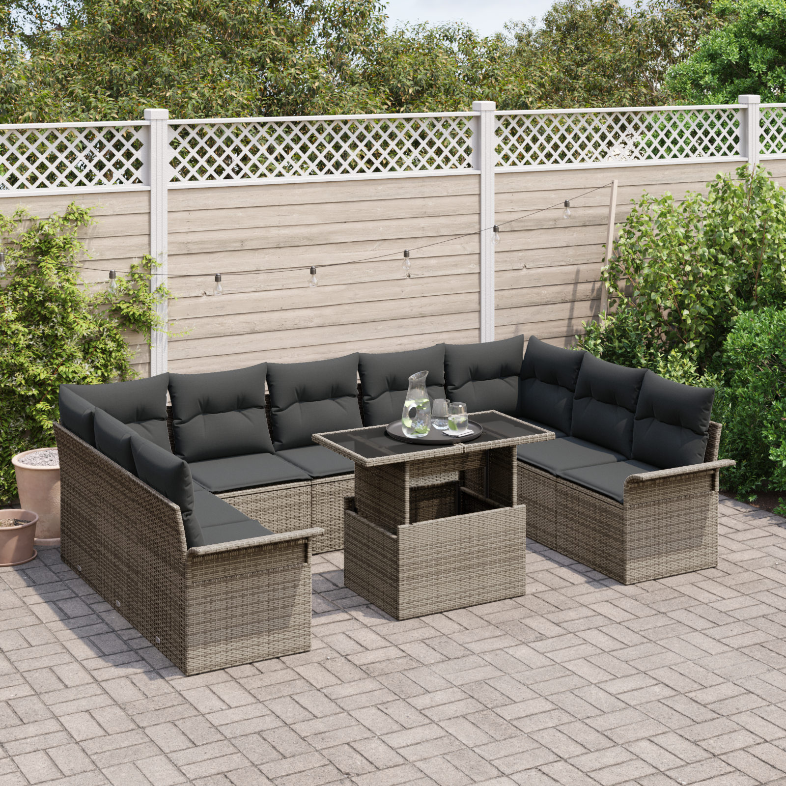 vidaXL 10-delige Tuinbankenset met kussens poly rattan grijs