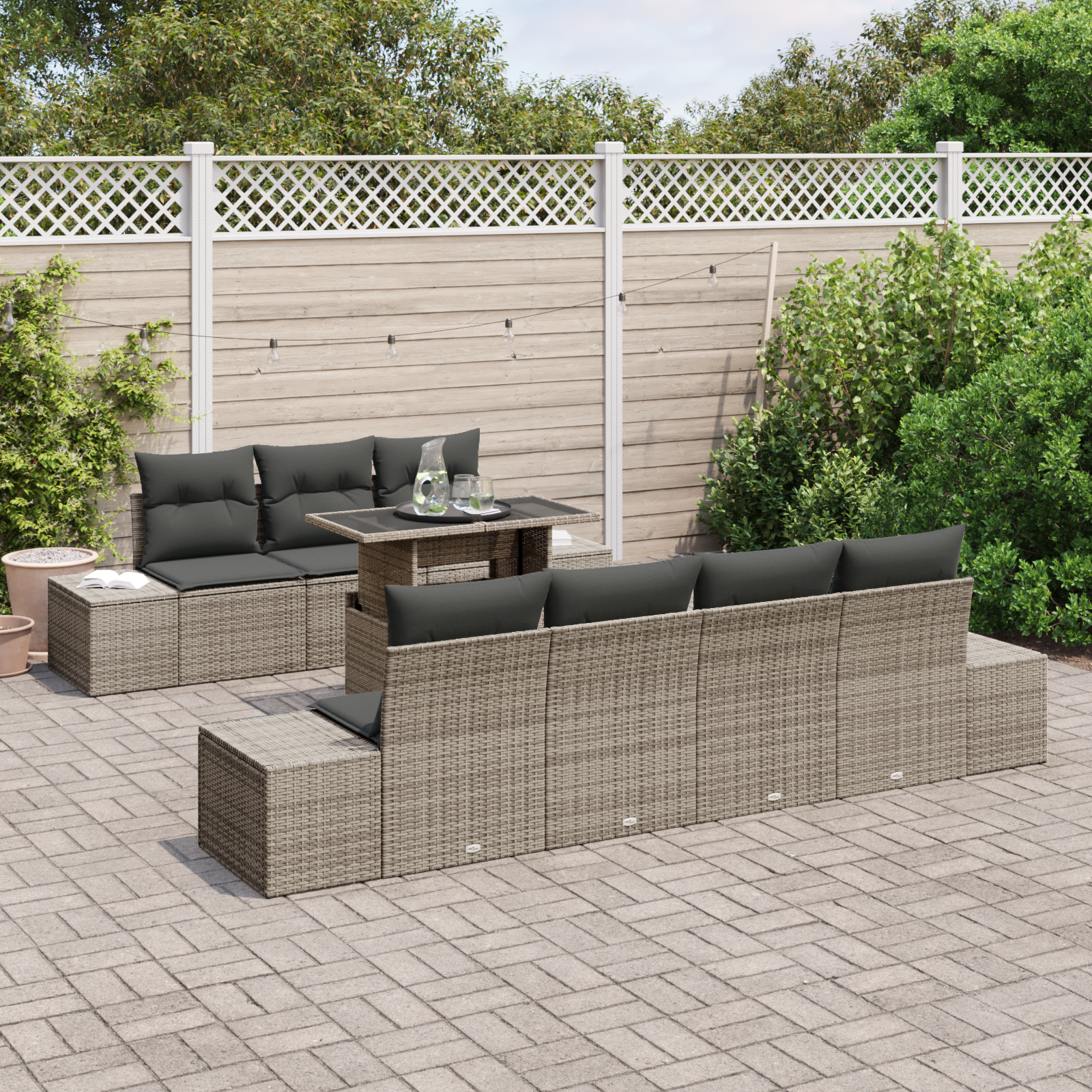 vidaXL 8-delige Tuinbankenset met kussens poly rattan grijs