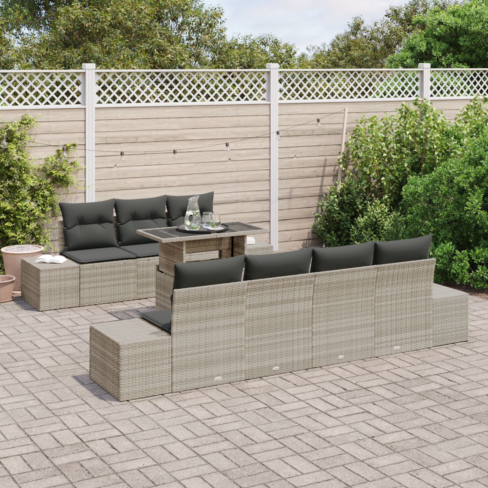 vidaXL 8-delige Tuinbankenset met kussens poly rattan lichtgrijs