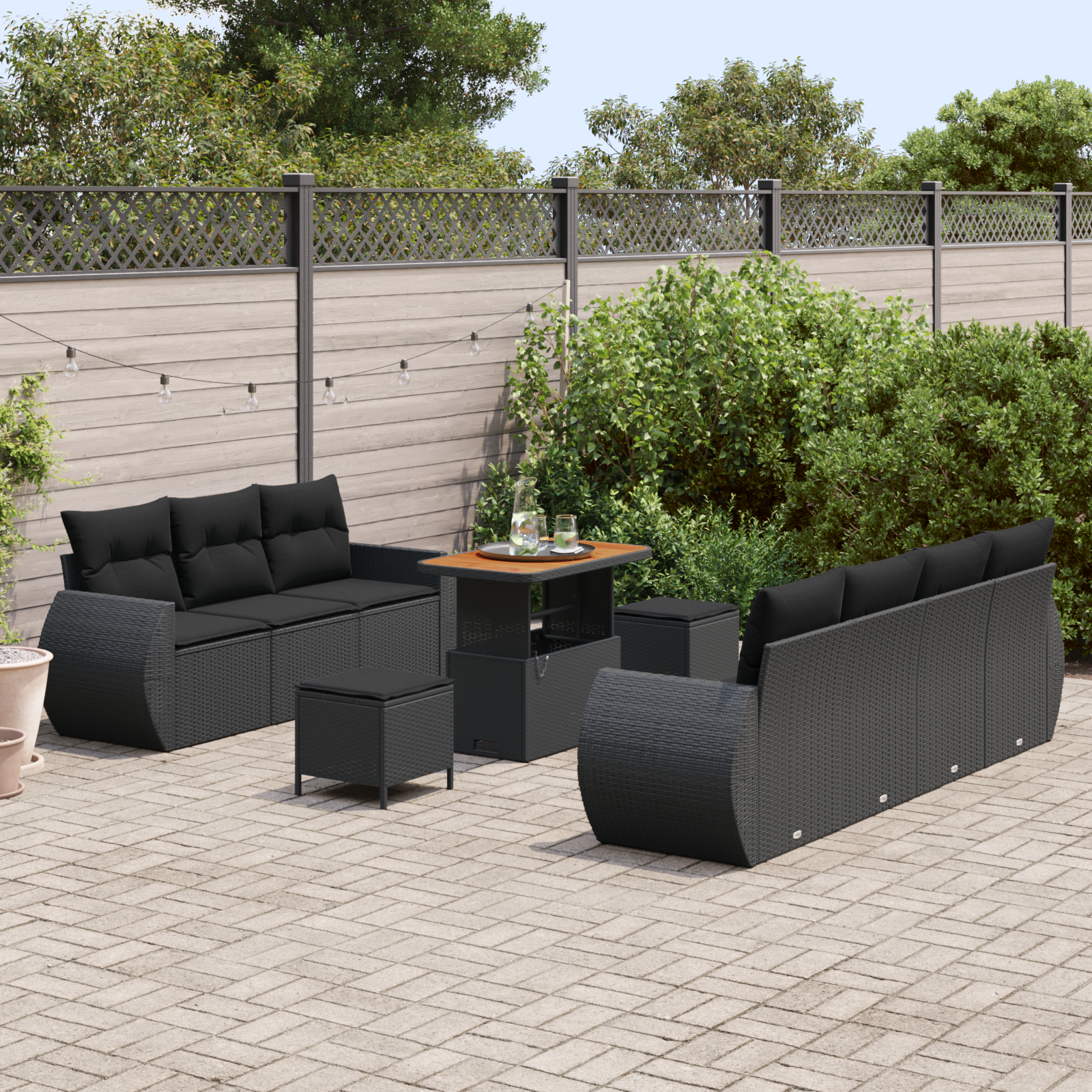 vidaXL 10-delige Tuinbankenset met kussens poly rattan acacia zwart