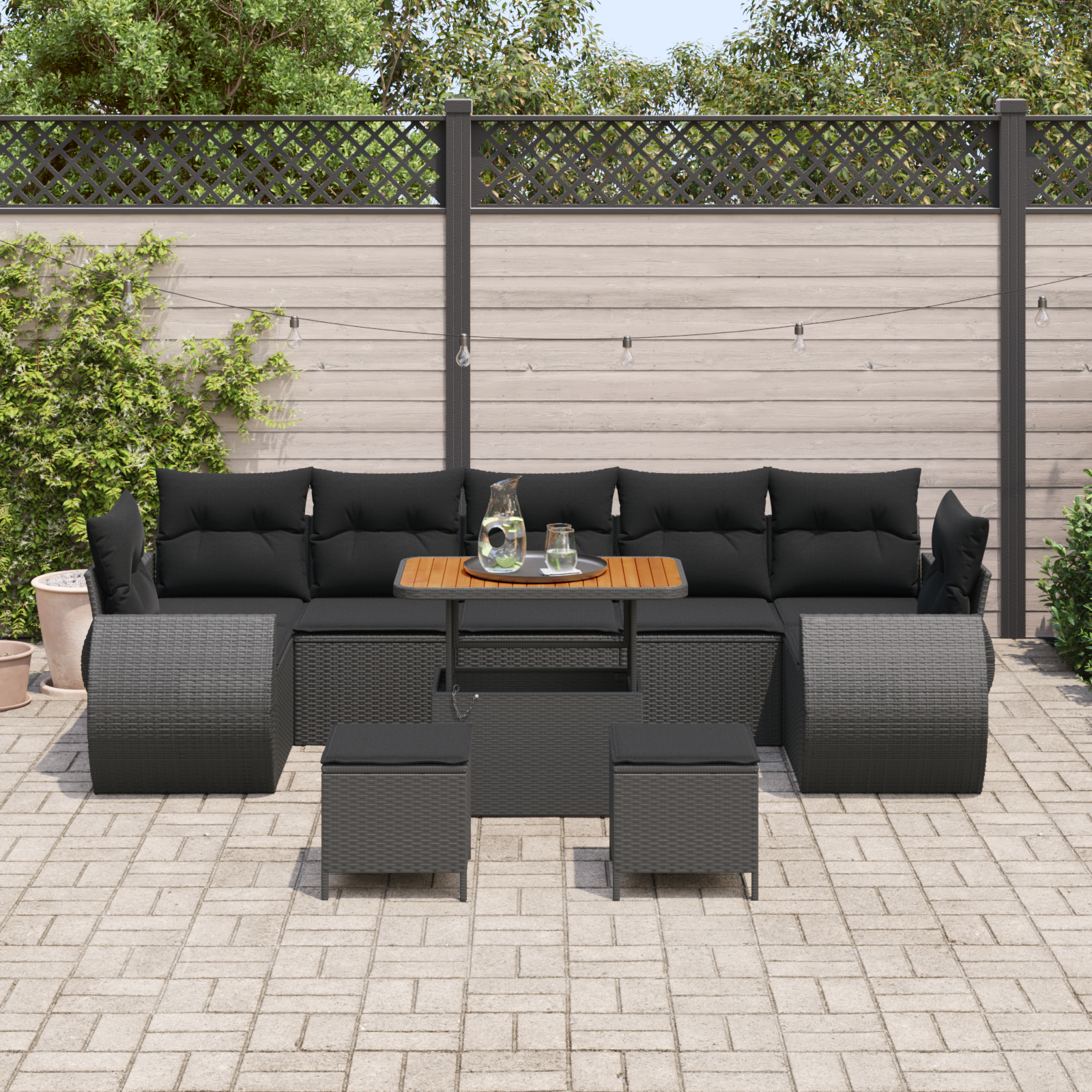 vidaXL 10-delige Tuinbankenset met kussens poly rattan acacia zwart