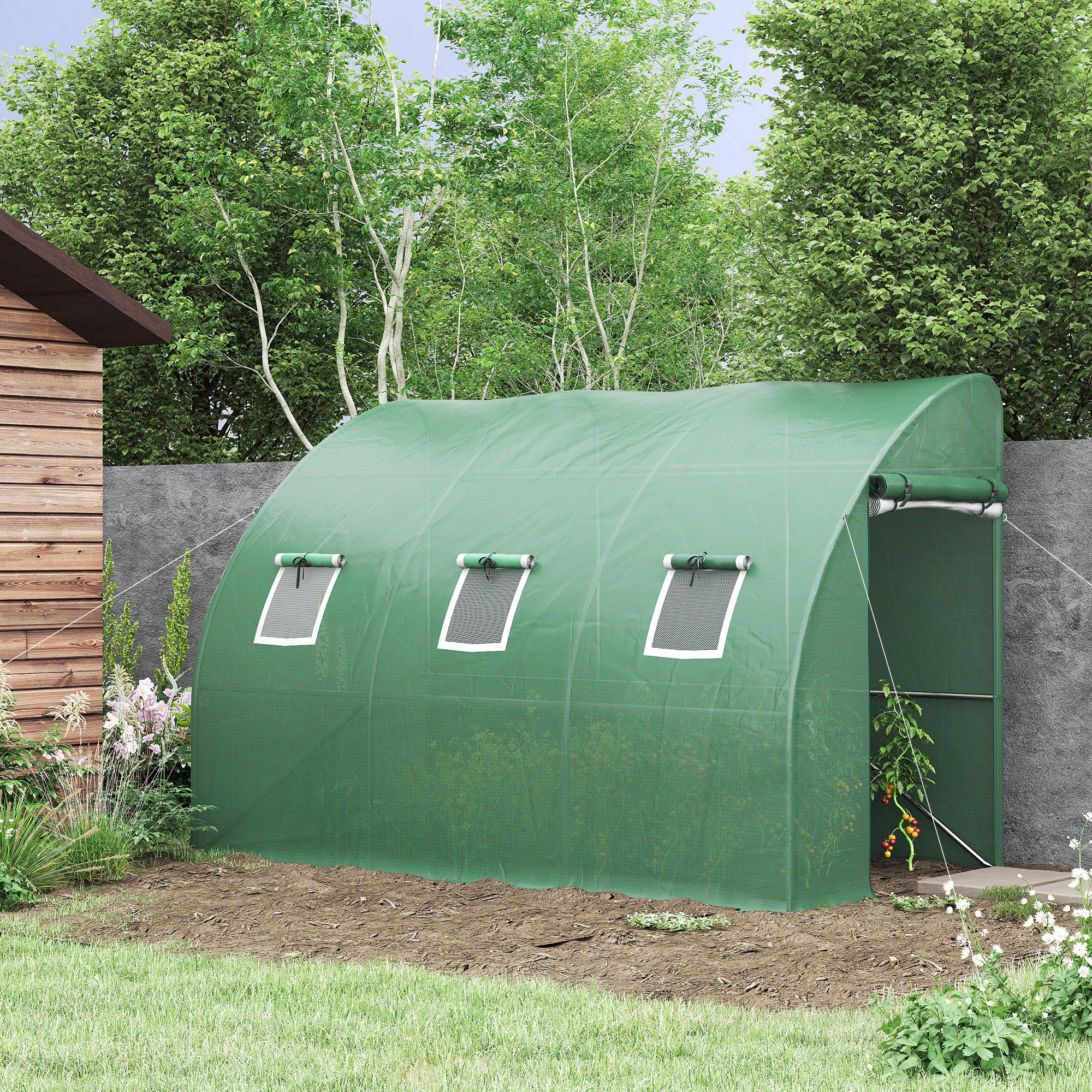 Outsunny foliekas, duurzame tomatenkas met gaasvenster, roldeuren, UV-bescherming, eenvoudig te monteren, 300 x 150 x 197 cm, groen | Aosom.nl