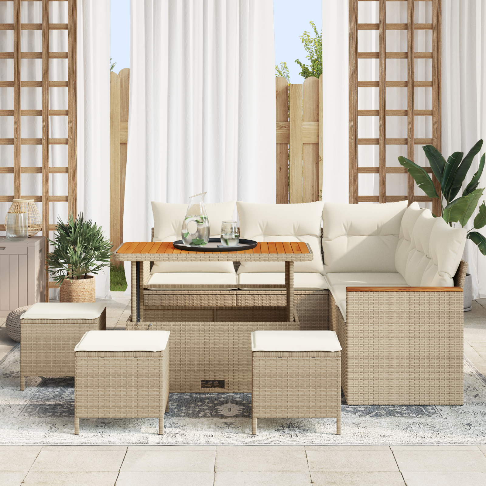 vidaXL 9-delige Tuinbankenset met kussens poly rattan acacia beige