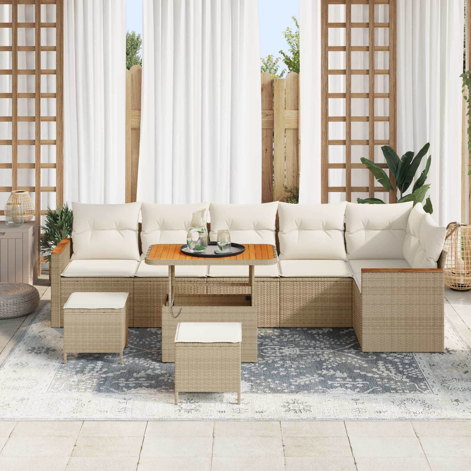 vidaXL 9-delige Tuinbankenset met kussens poly rattan acacia beige