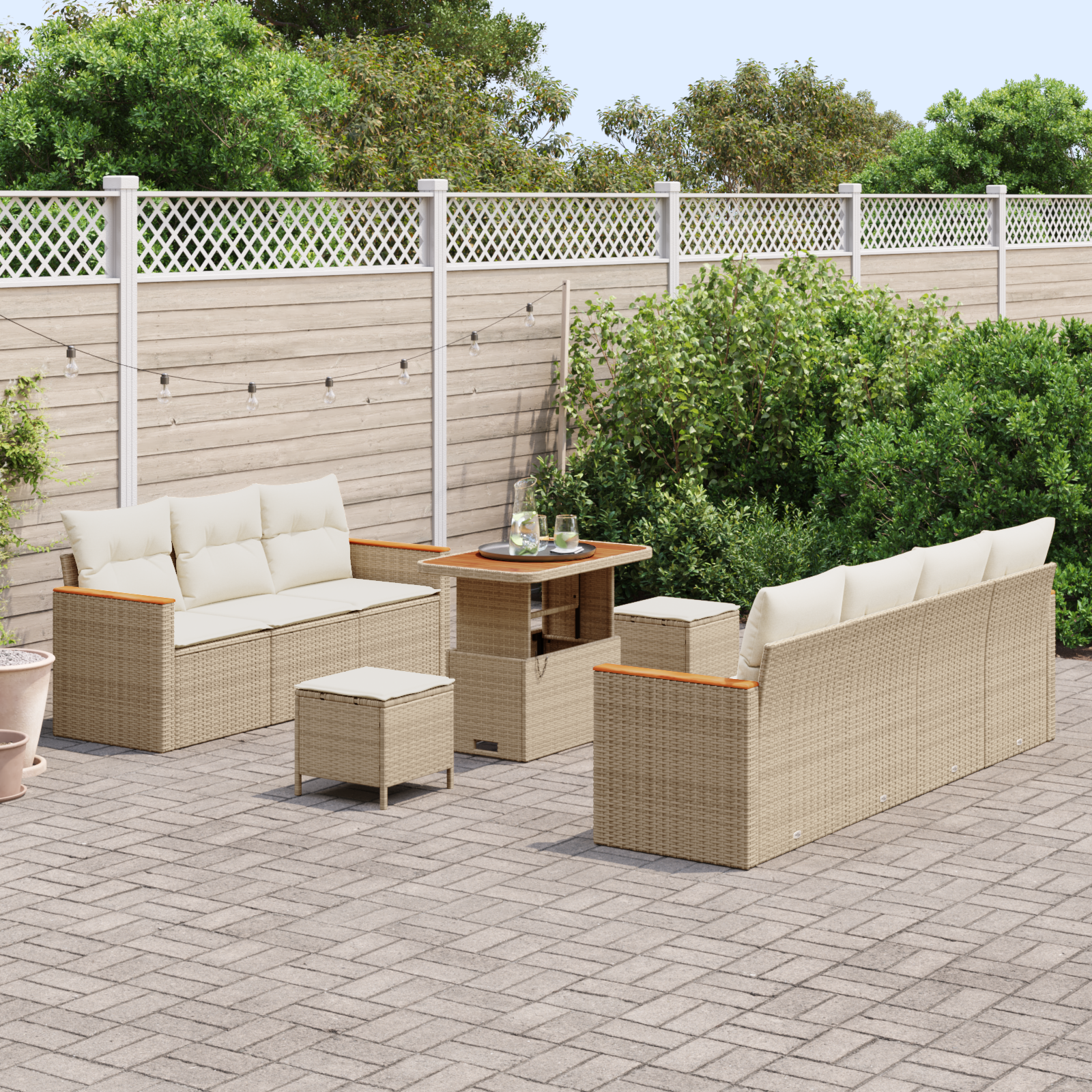 vidaXL 10-delige Tuinbankenset met kussens poly rattan acacia beige