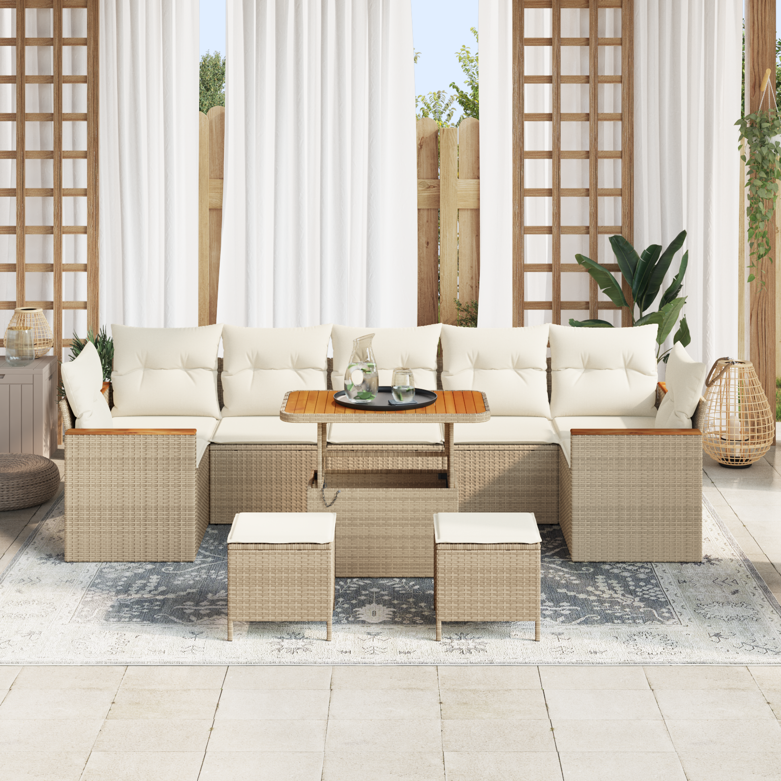 vidaXL 10-delige Tuinbankenset met kussens poly rattan acacia beige