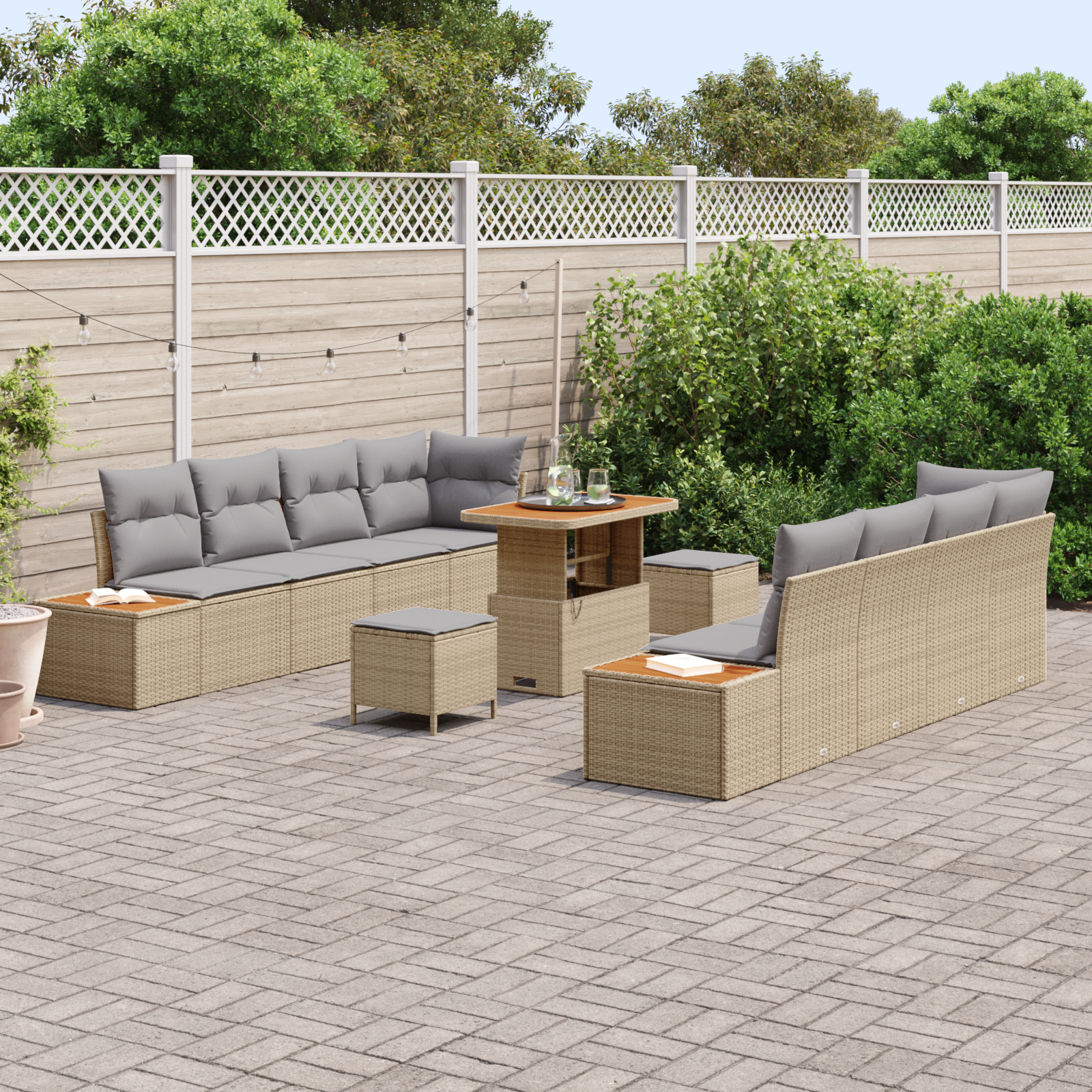 vidaXL 11-delige Tuinbankenset met kussens poly rattan acacia beige