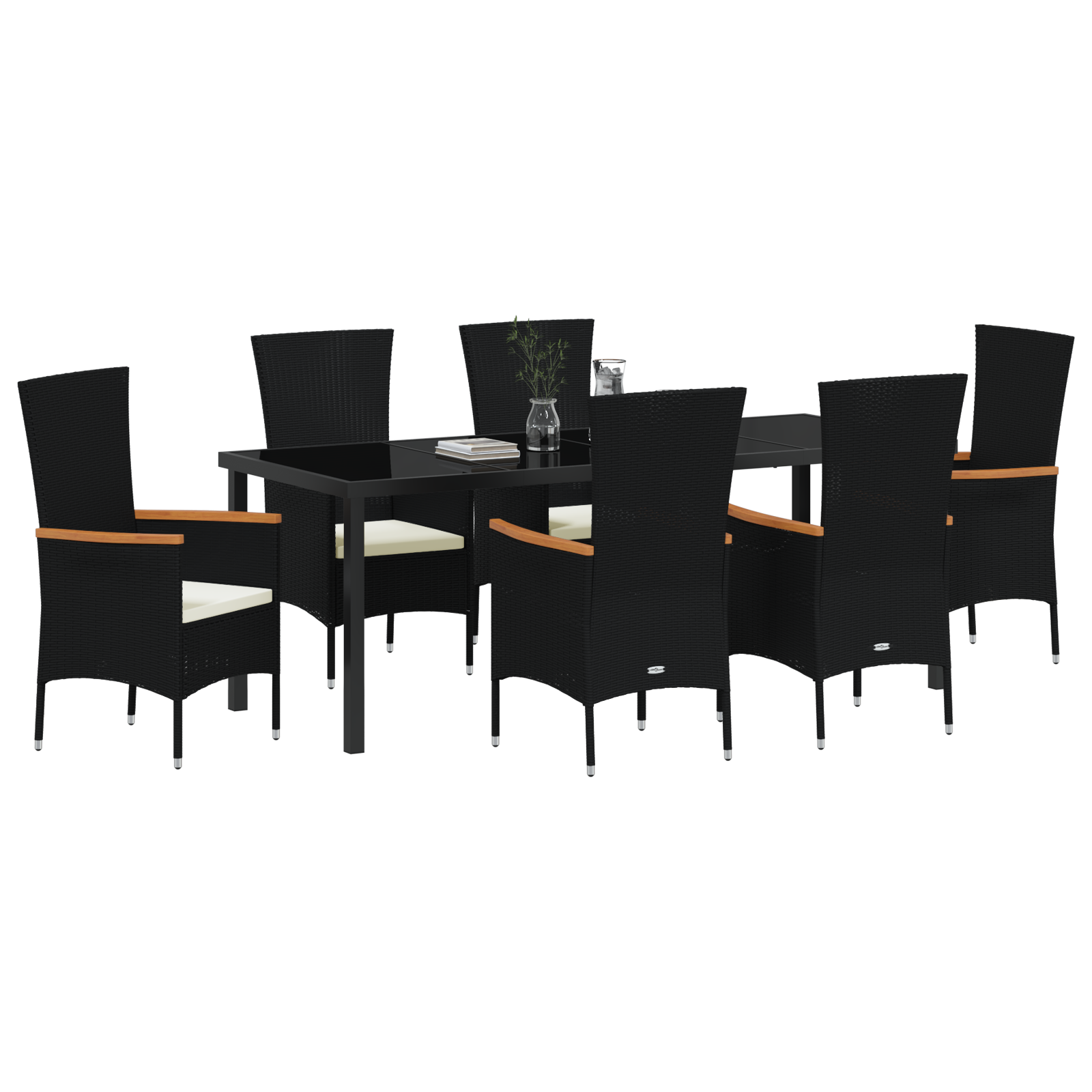 vidaXL 7-delige tuin eetset met kussens zwart poly rattan