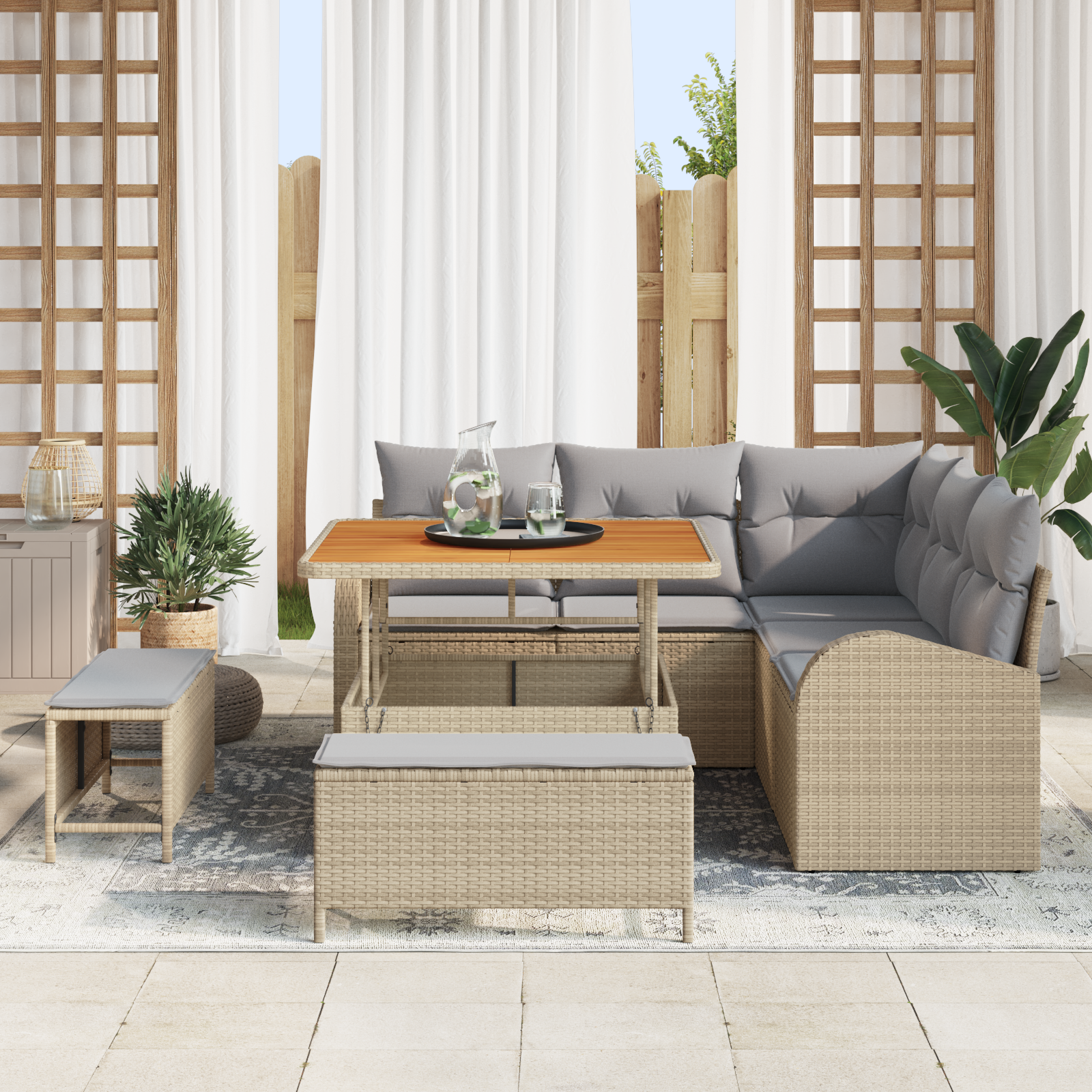 vidaXL 8-delige Tuinbankenset met kussens poly rattan acacia beige