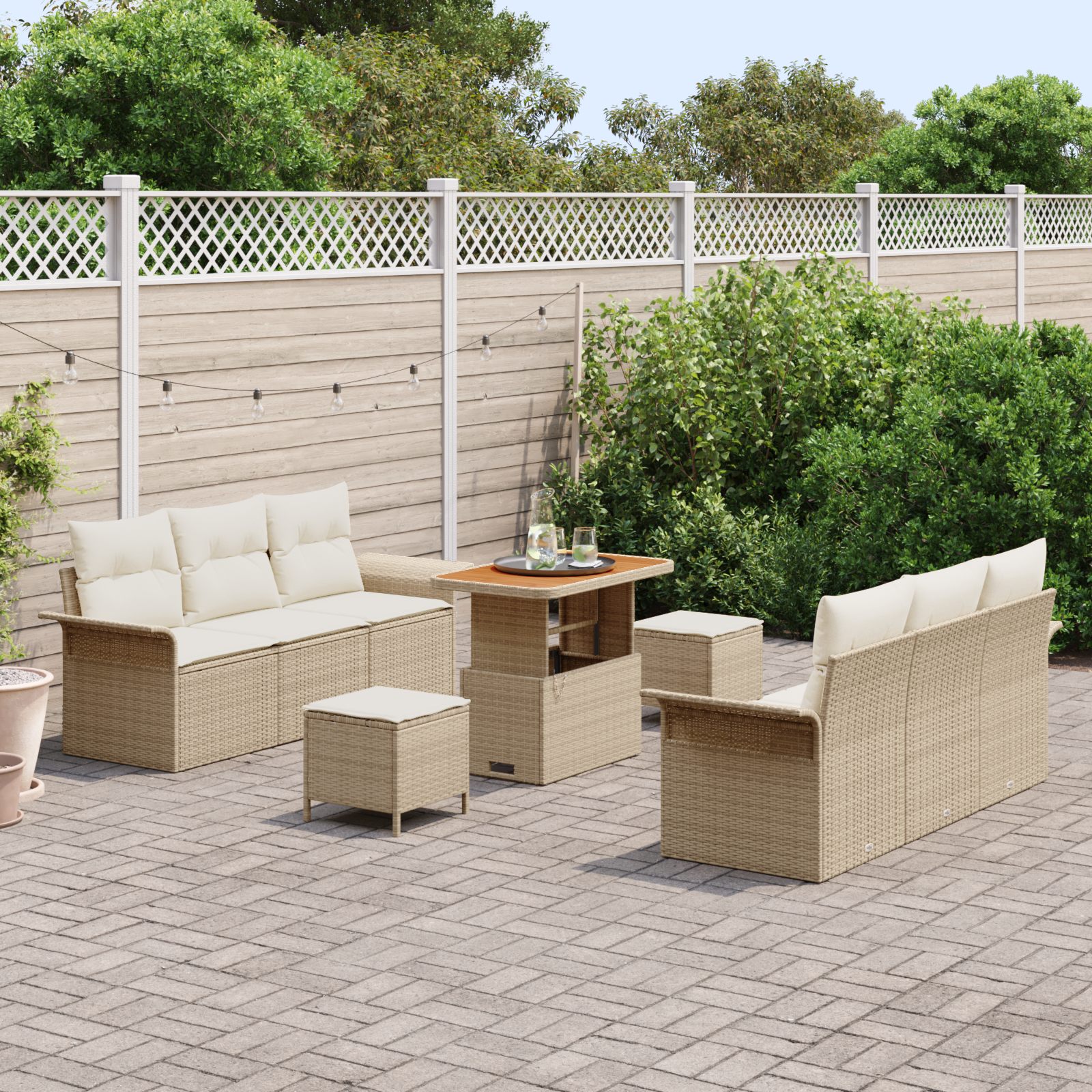vidaXL 9-delige Tuinbankenset met kussens poly rattan acacia beige