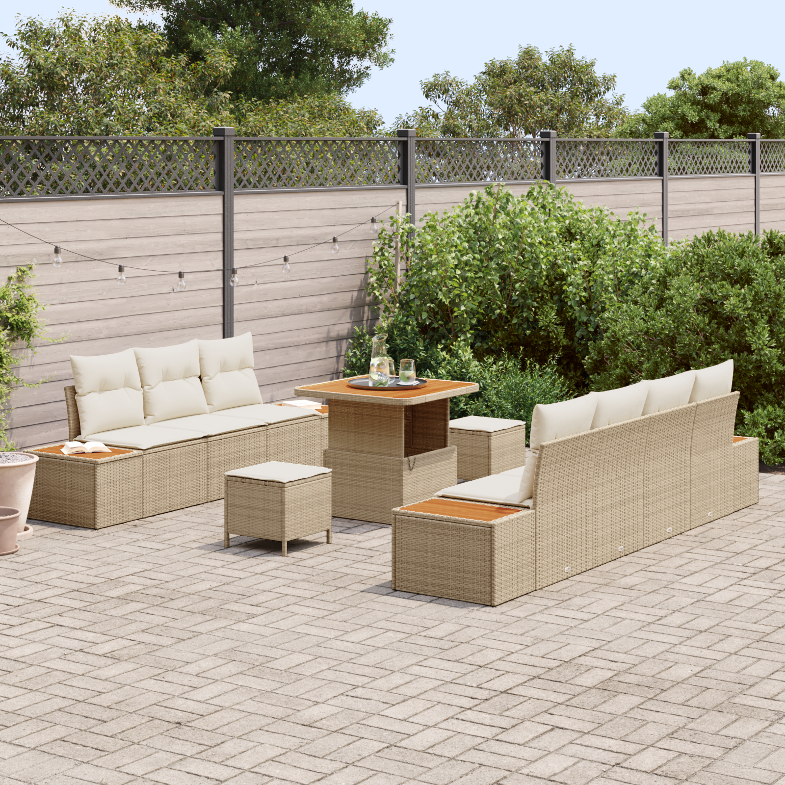 vidaXL 10-delige tuinset met kussens in beige poly rattan en acacia