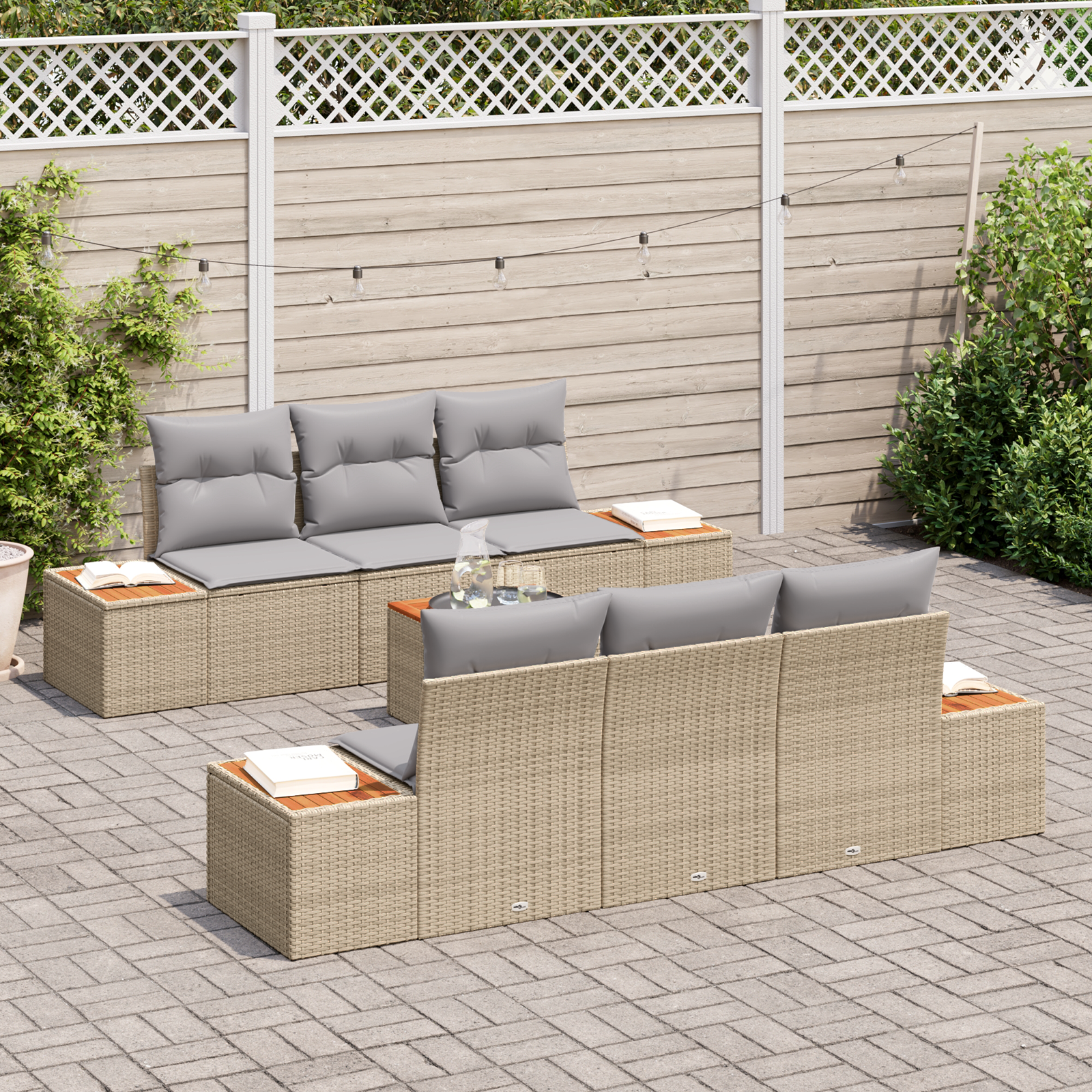 vidaXL 7-delige tuinset met kussens beige poly rattan acacia