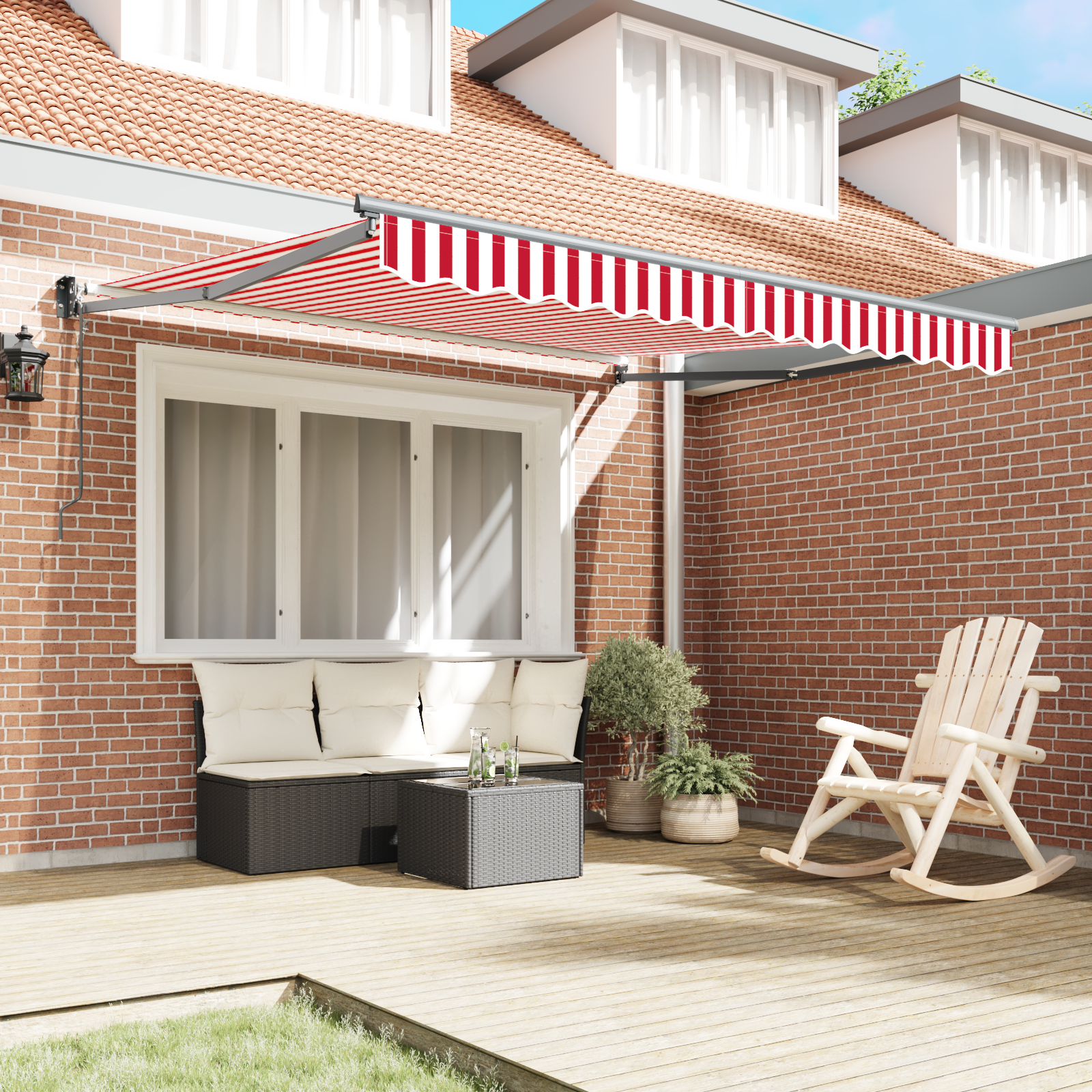vidaXL Automatisch Uittrekbaar Zonnescherm Rood met Witte Strepen 350x250 cm
