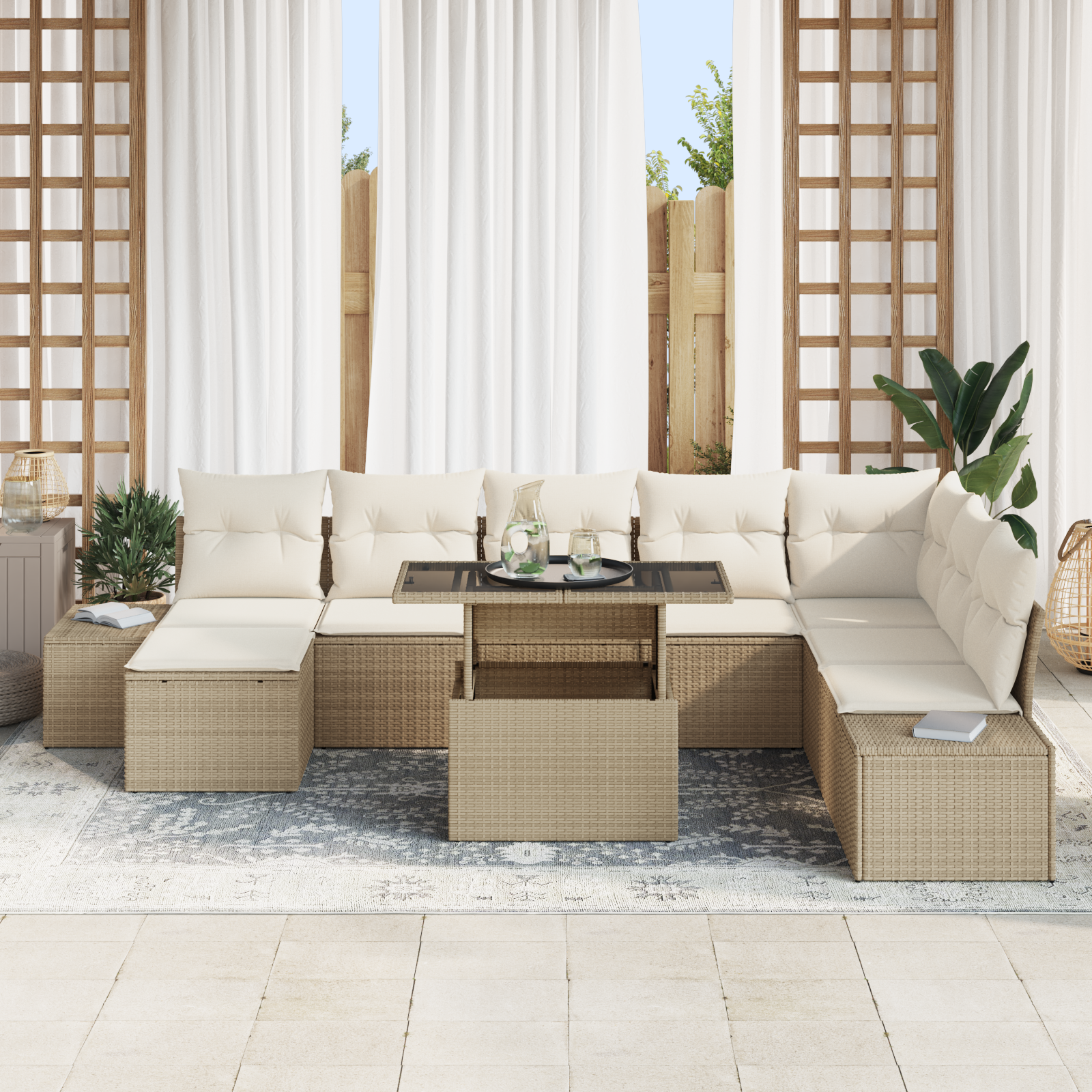 vidaXL 9-delige Tuinbankenset met kussens poly rattan beige