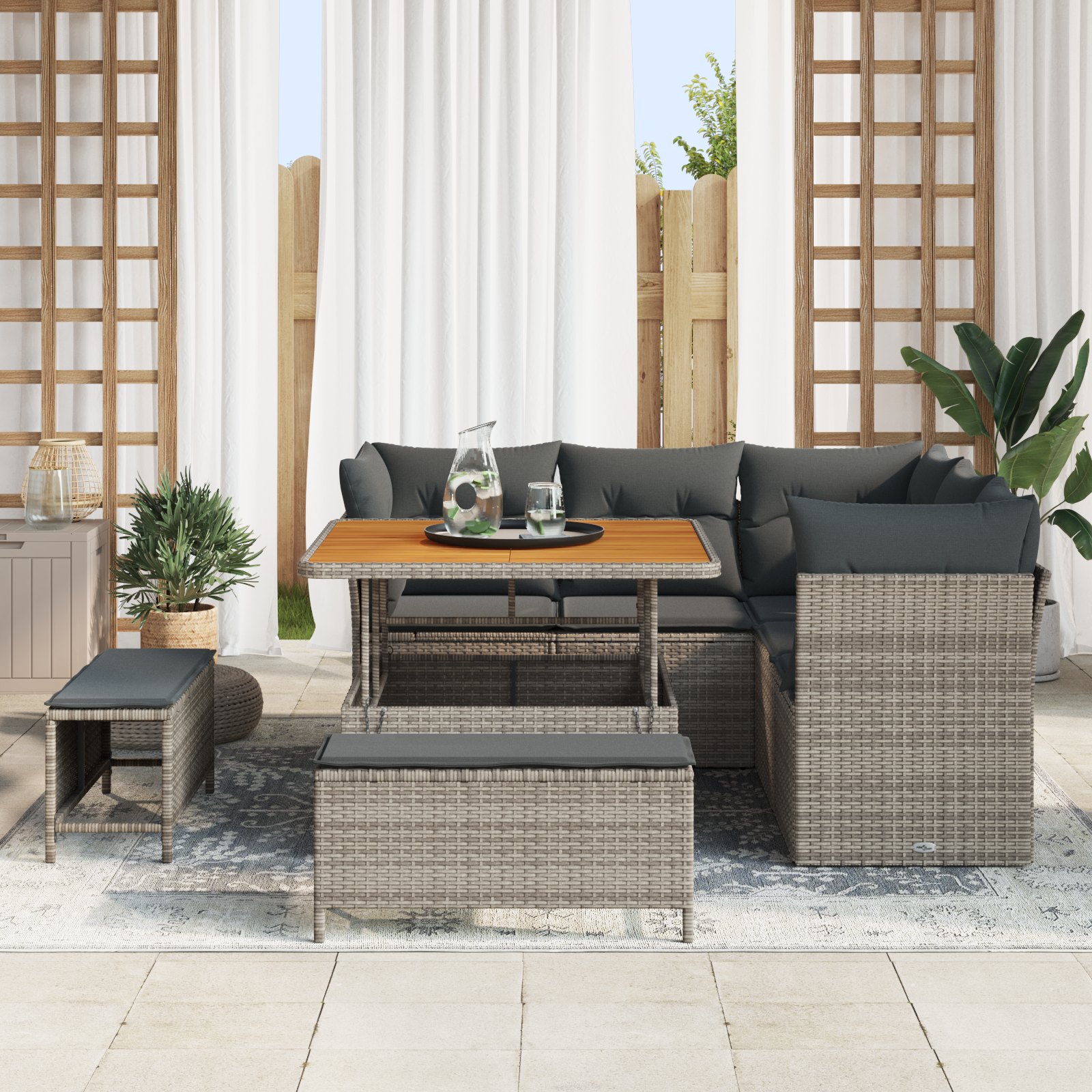 vidaXL 8-delige ligbed set met kussens grijs poly rattan acacia