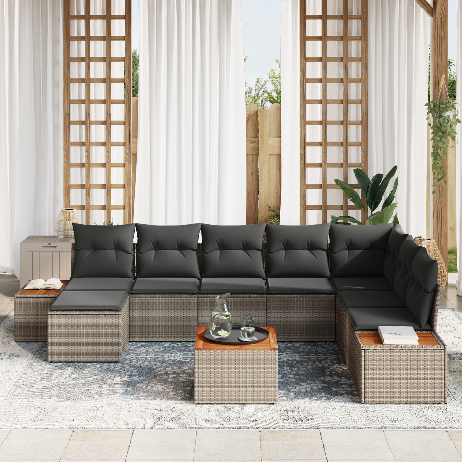 vidaXL 9-delige Tuinbankenset met kussens poly rattan acacia grijs