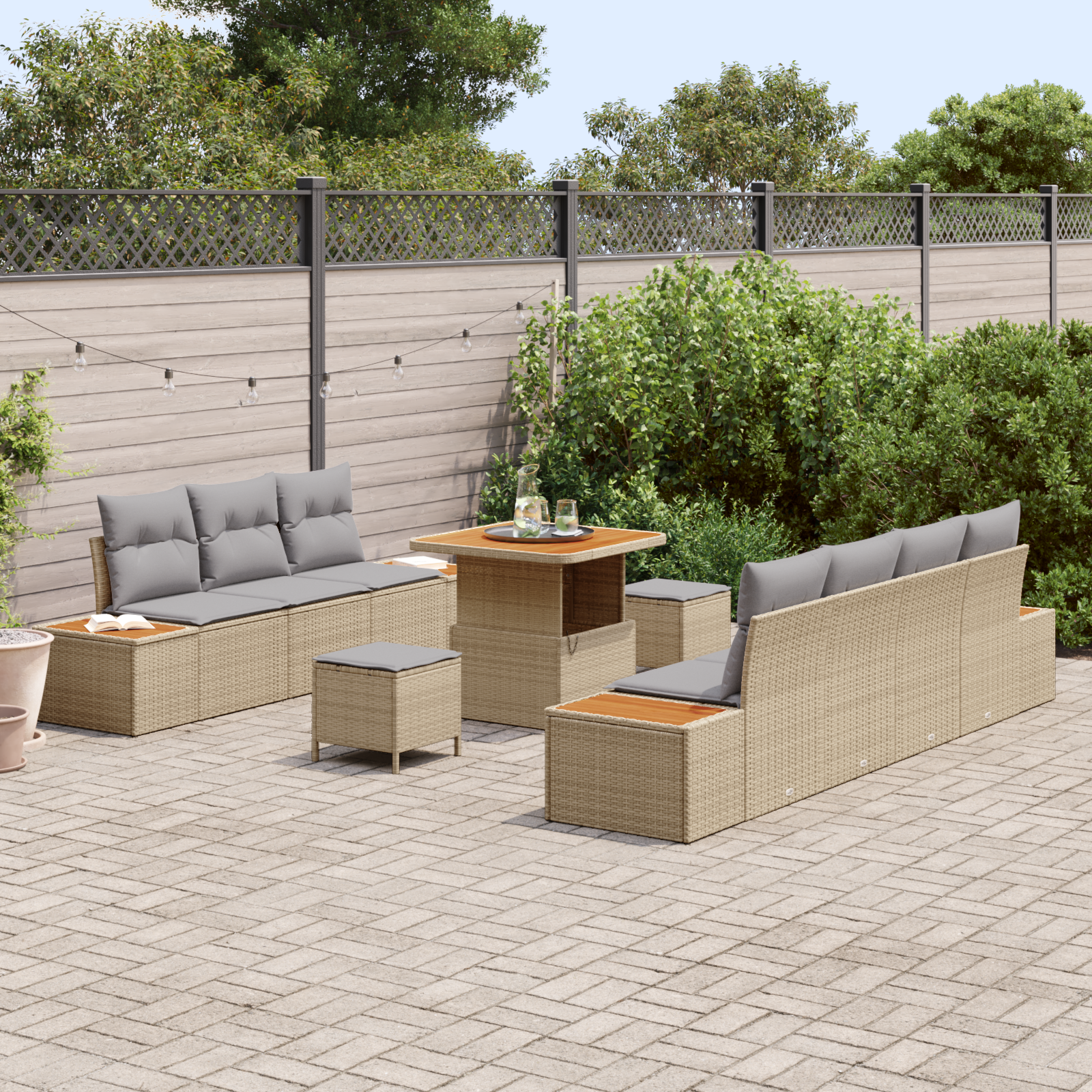 vidaXL 10-delige tuinsofa set met kussens in beige van poly rattan en acacia