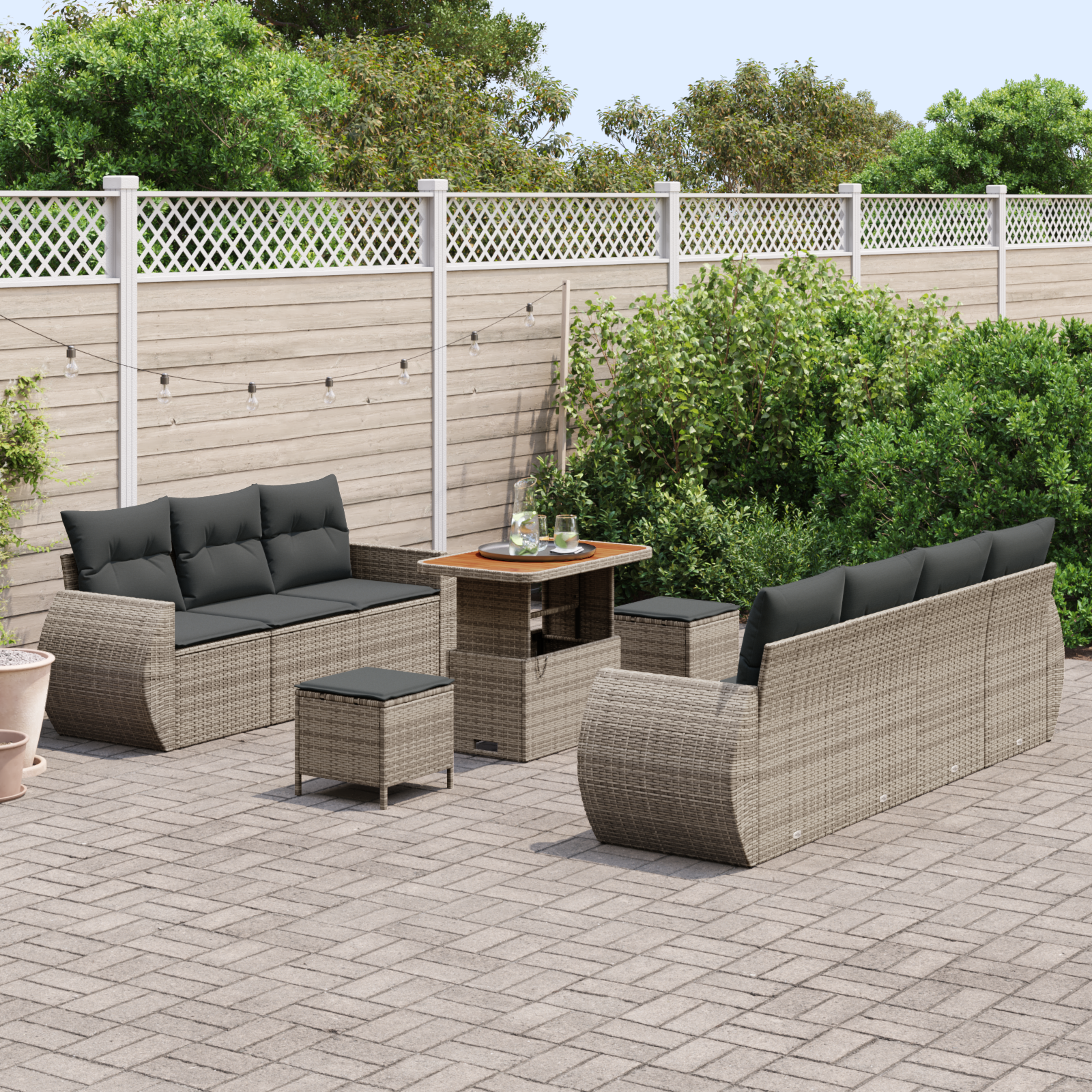 vidaXL 10-delige Tuinbankenset met kussens poly rattan acacia grijs