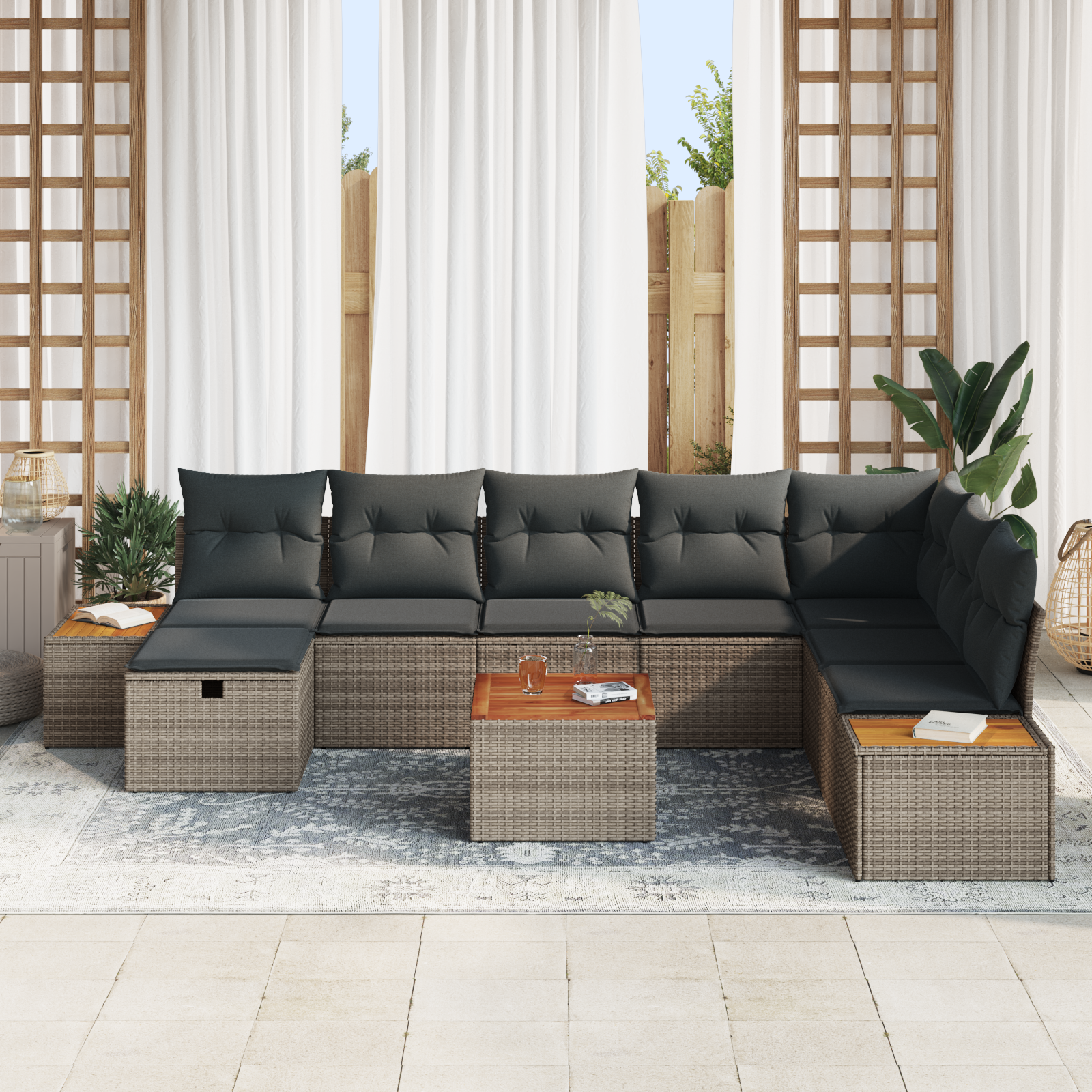 vidaXL 9-delige Tuinbankenset met kussens poly rattan grijs