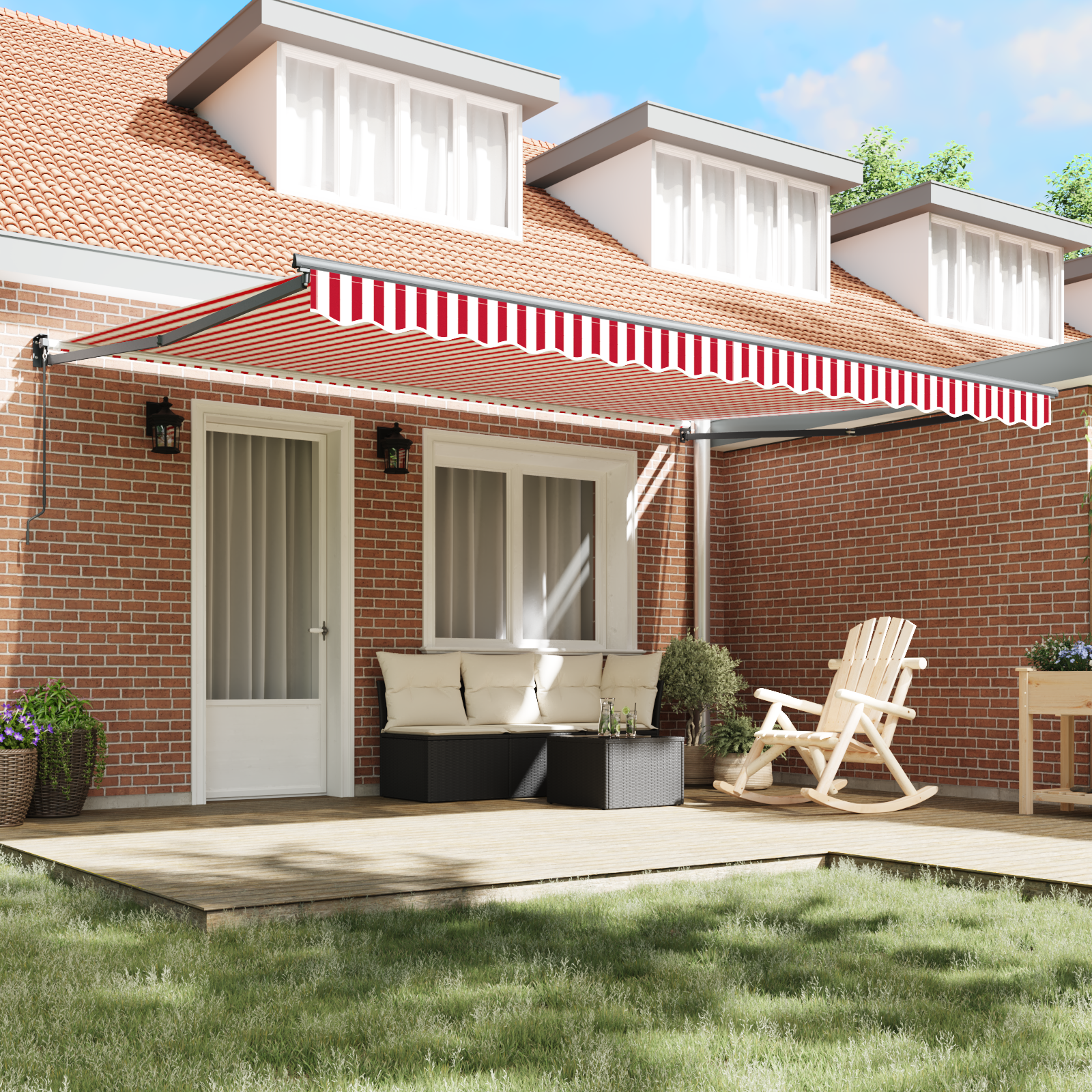 vidaXL Handmatige Uittrekbare Zonneschaduw Rood en Wit Gestreept 450x300 cm