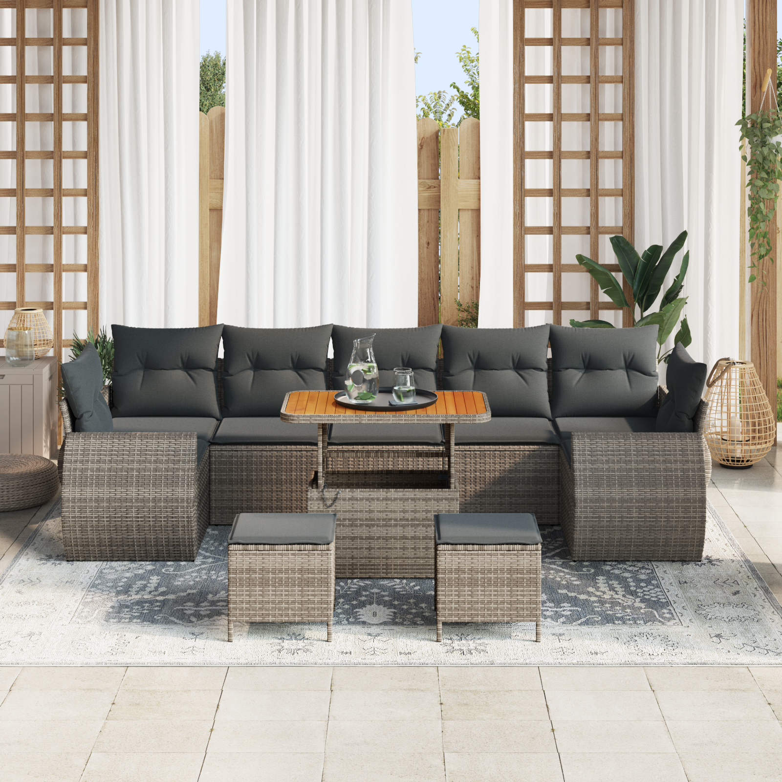 vidaXL 10-delige Tuinbankenset met kussens poly rattan acacia grijs